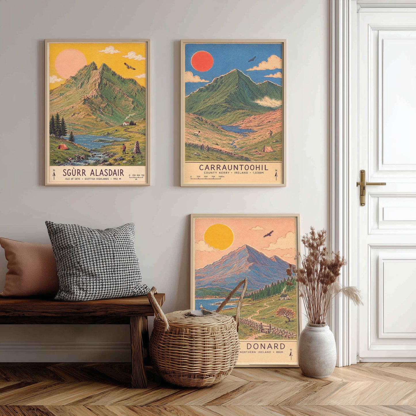 Extended Three Peaks Set of Three Travel Posters - Sgurr Alasdair, Carrauntoohil, Slieve Donard - Art Print Illustration Gift