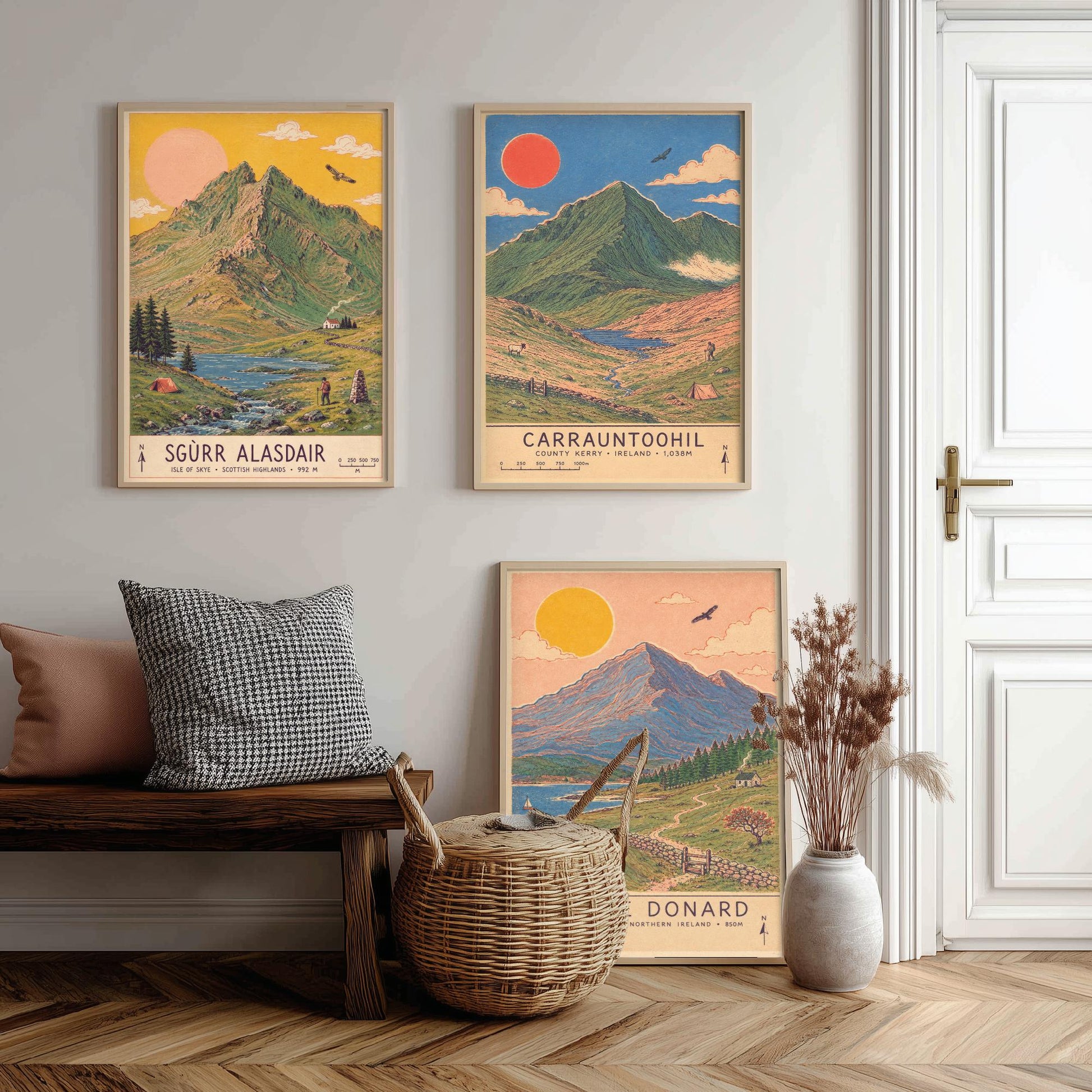 Extended Three Peaks Set of Three Travel Posters - Sgurr Alasdair, Carrauntoohil, Slieve Donard - Art Print Illustration Gift