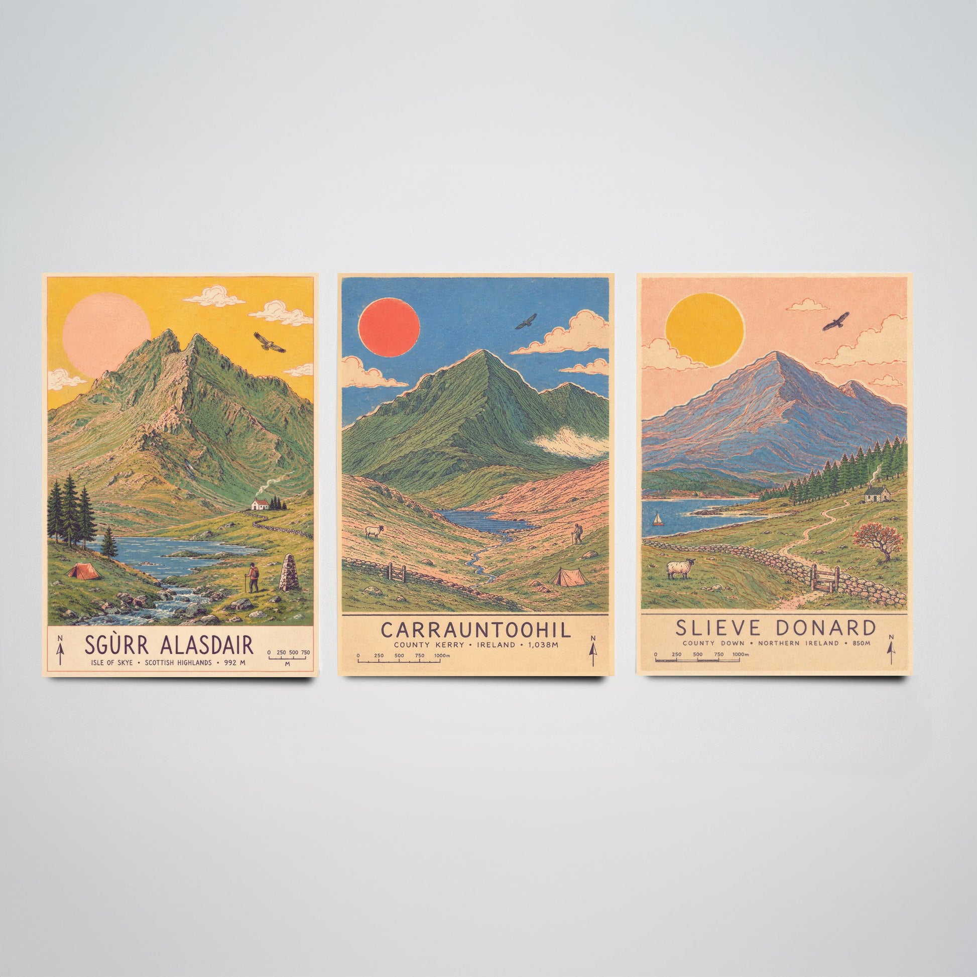 Extended Three Peaks Set of Three Travel Posters - Sgurr Alasdair, Carrauntoohil, Slieve Donard - Art Print Illustration Gift