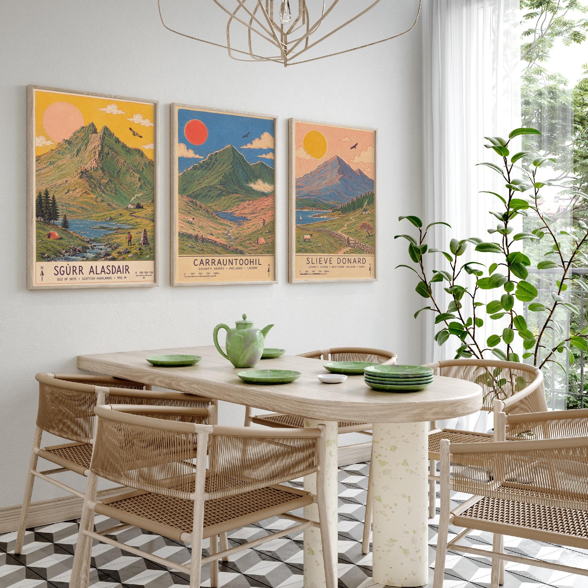 Extended Three Peaks Set of Three Travel Posters - Sgurr Alasdair, Carrauntoohil, Slieve Donard - Art Print Illustration Gift
