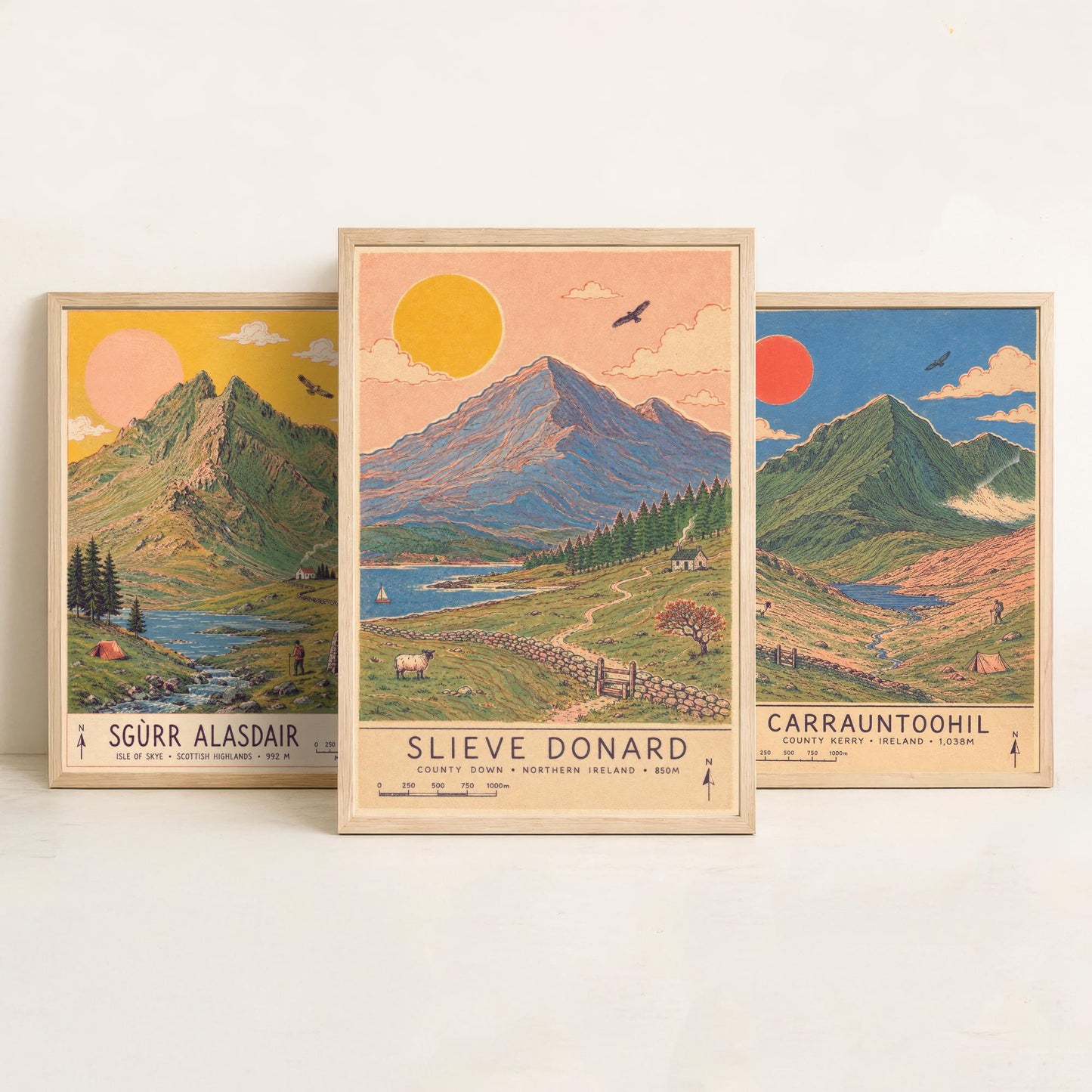 Extended Three Peaks Set of Three Travel Posters - Sgurr Alasdair, Carrauntoohil, Slieve Donard - Art Print Illustration Gift
