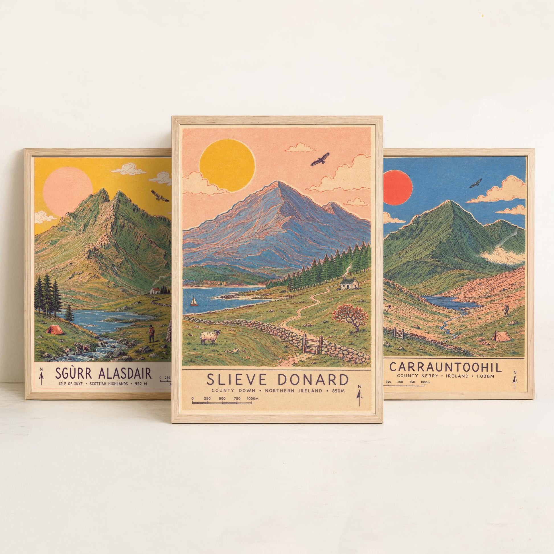 Extended Three Peaks Set of Three Travel Posters - Sgurr Alasdair, Carrauntoohil, Slieve Donard - Art Print Illustration Gift