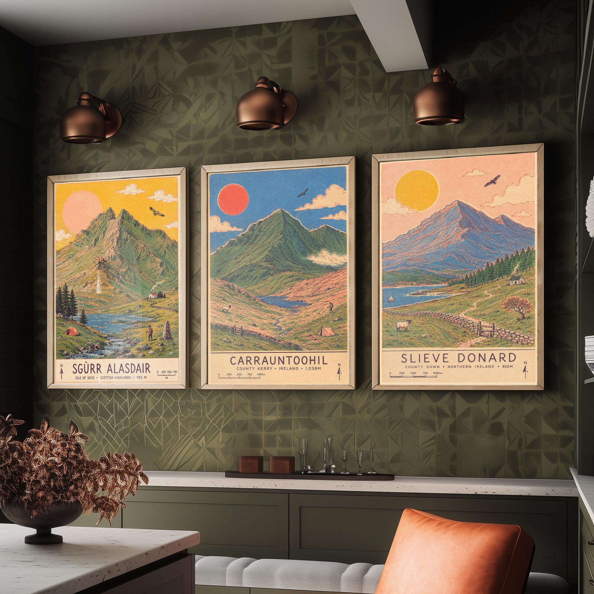 Extended Three Peaks Set of Three Travel Posters - Sgurr Alasdair, Carrauntoohil, Slieve Donard - Art Print Illustration Gift