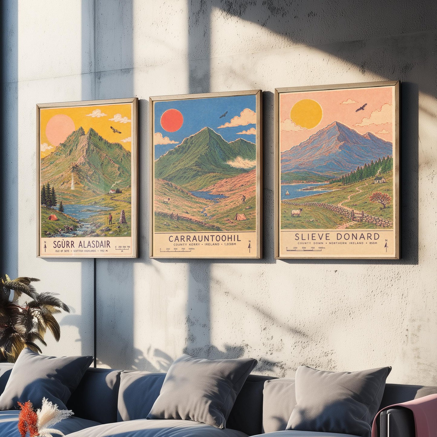 Extended Three Peaks Set of Three Travel Posters - Sgurr Alasdair, Carrauntoohil, Slieve Donard - Art Print Illustration Gift
