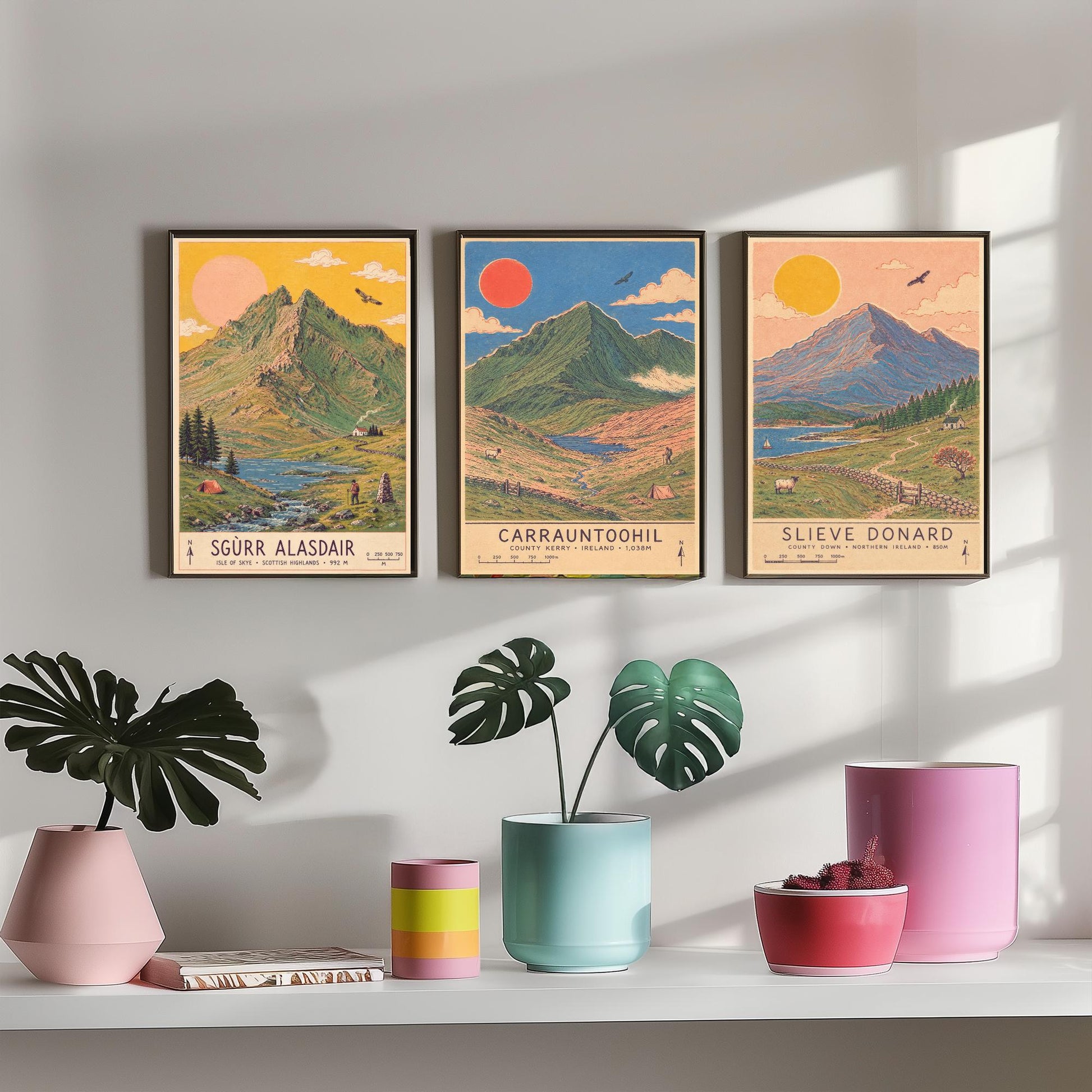 Extended Three Peaks Set of Three Travel Posters - Sgurr Alasdair, Carrauntoohil, Slieve Donard - Art Print Illustration Gift