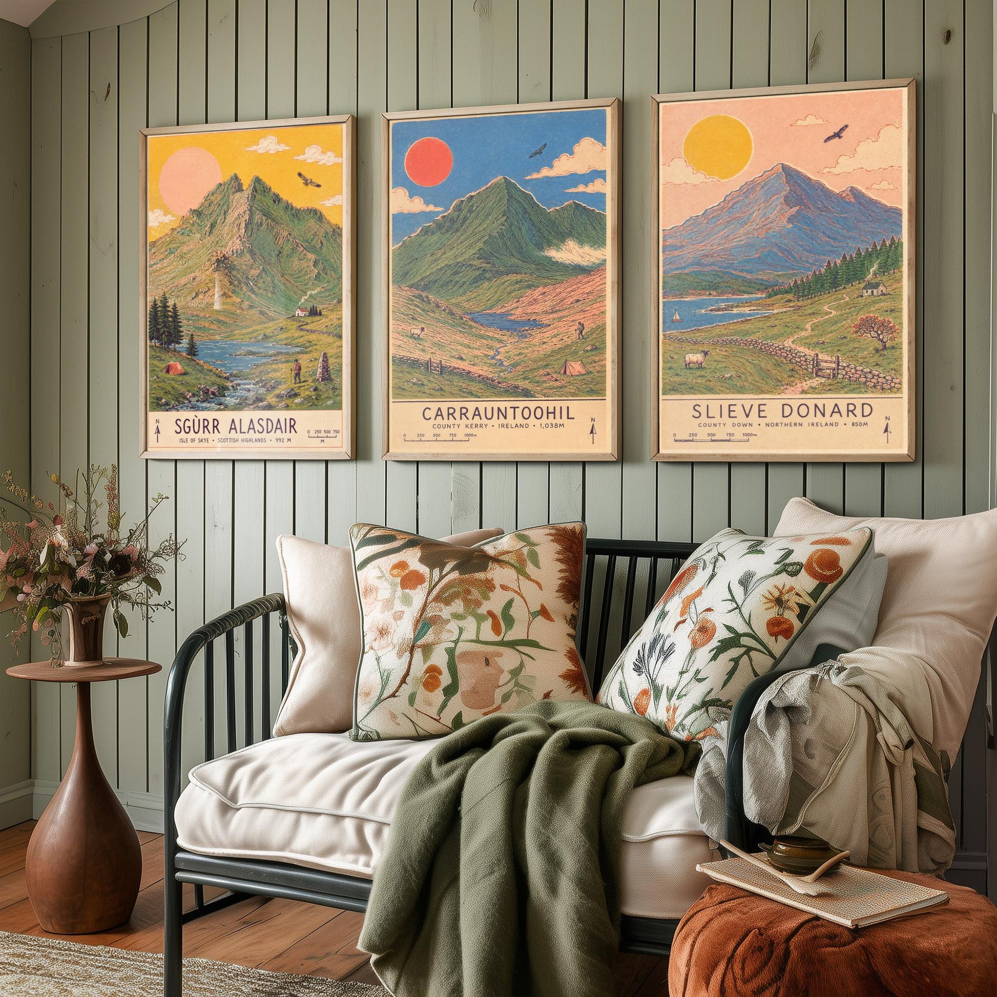 Extended Three Peaks Set of Three Travel Posters - Sgurr Alasdair, Carrauntoohil, Slieve Donard - Art Print Illustration Gift