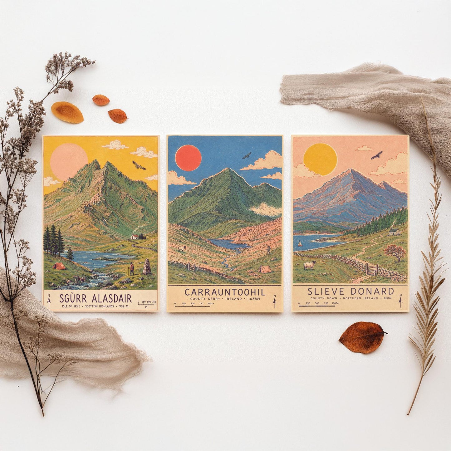 Extended Three Peaks Set of Three Travel Posters - Sgurr Alasdair, Carrauntoohil, Slieve Donard - Art Print Illustration Gift