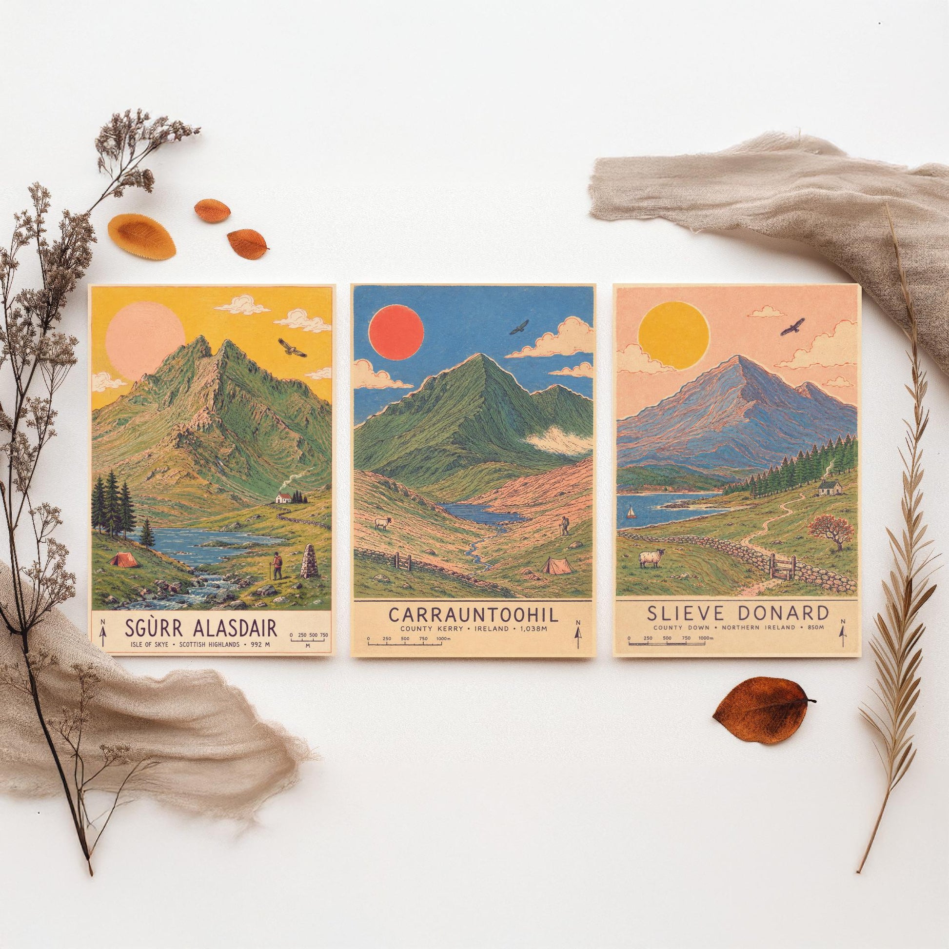 Extended Three Peaks Set of Three Travel Posters - Sgurr Alasdair, Carrauntoohil, Slieve Donard - Art Print Illustration Gift