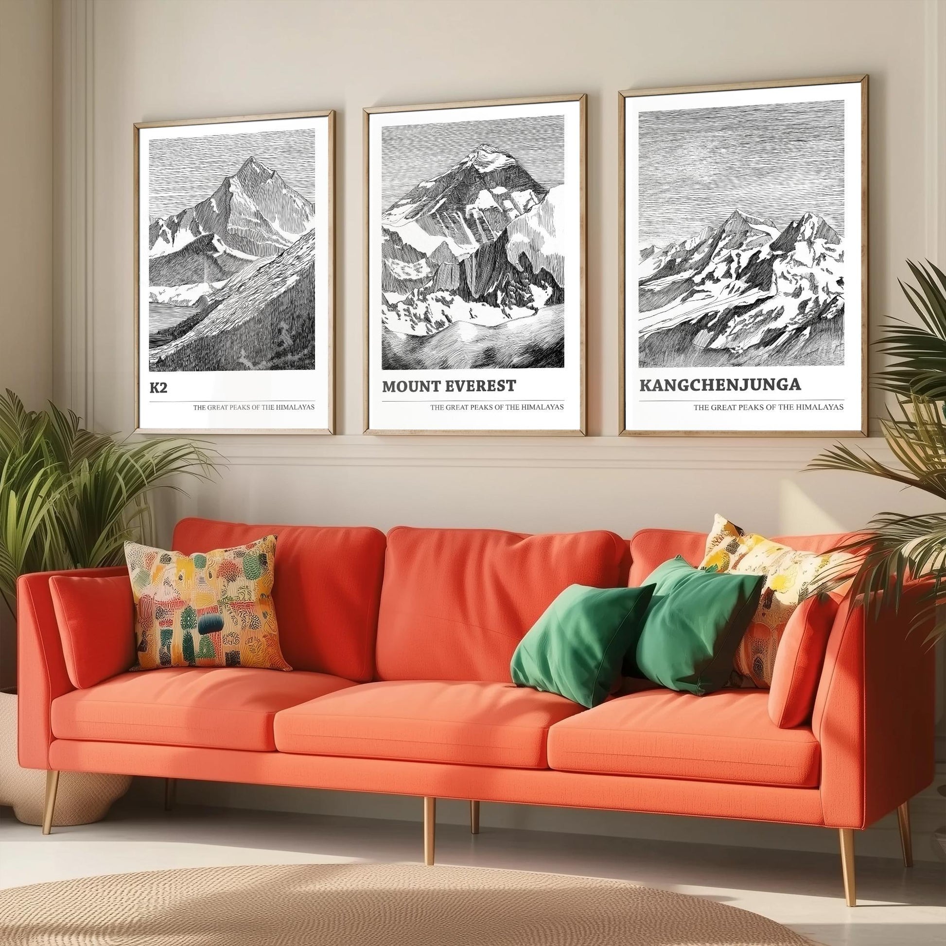 Set of Three Himalaya Art Prints - K2, Mount Everest, Kangchenjunga - 3 Mountain Posters Ink Pen Illustration Wall Décor Gift