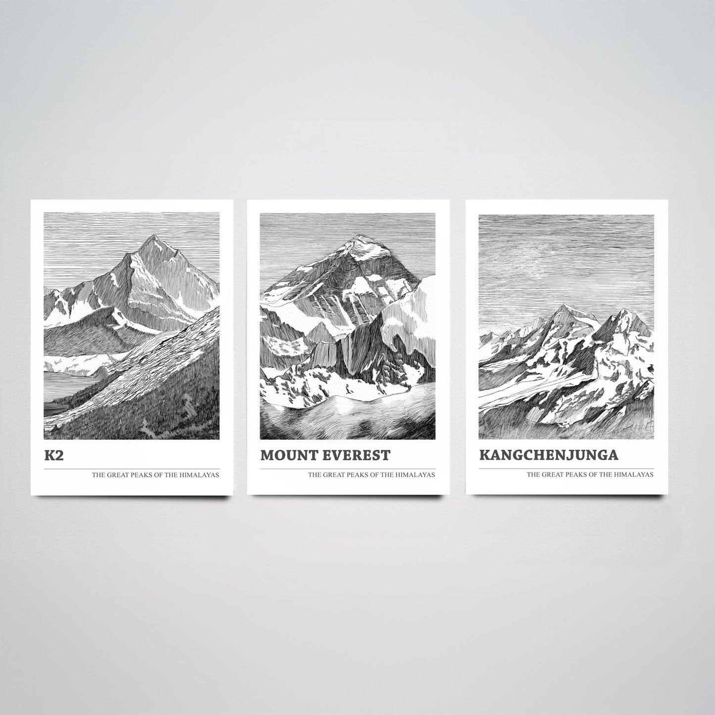 Set of Three Himalaya Art Prints - K2, Mount Everest, Kangchenjunga - 3 Mountain Posters Ink Pen Illustration Wall Décor Gift