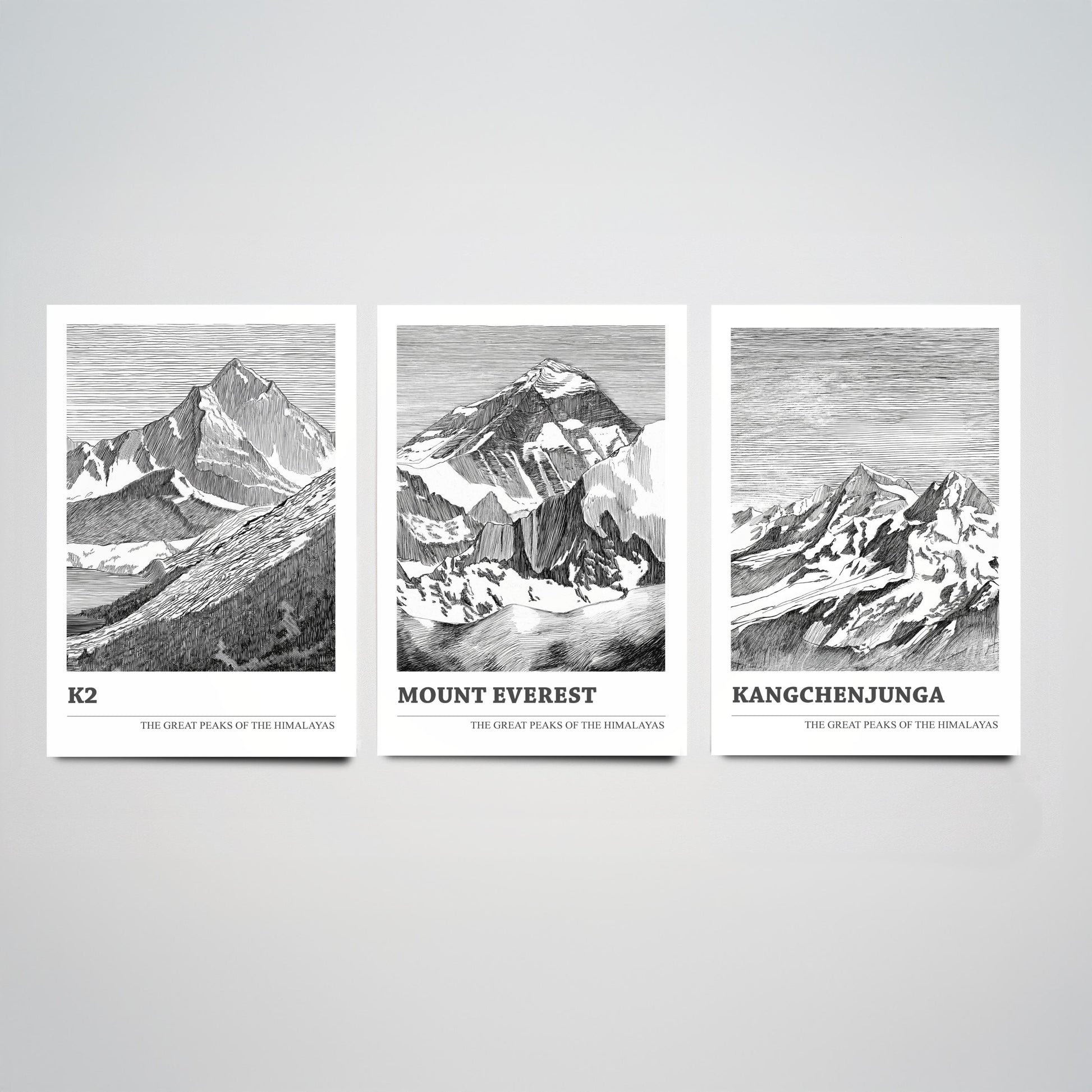Set of Three Himalaya Art Prints - K2, Mount Everest, Kangchenjunga - 3 Mountain Posters Ink Pen Illustration Wall Décor Gift