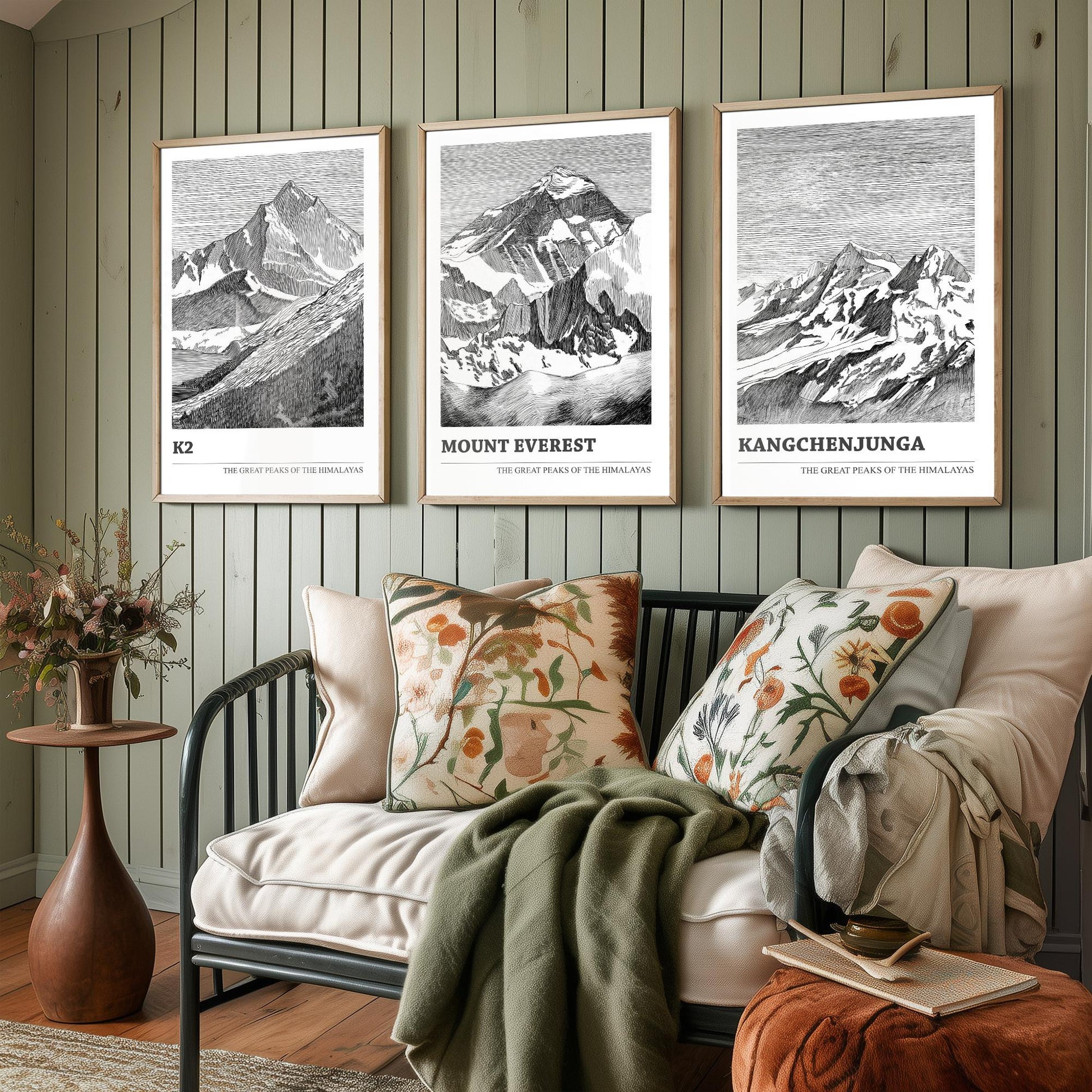 Set of Three Himalaya Art Prints - K2, Mount Everest, Kangchenjunga - 3 Mountain Posters Ink Pen Illustration Wall Décor Gift