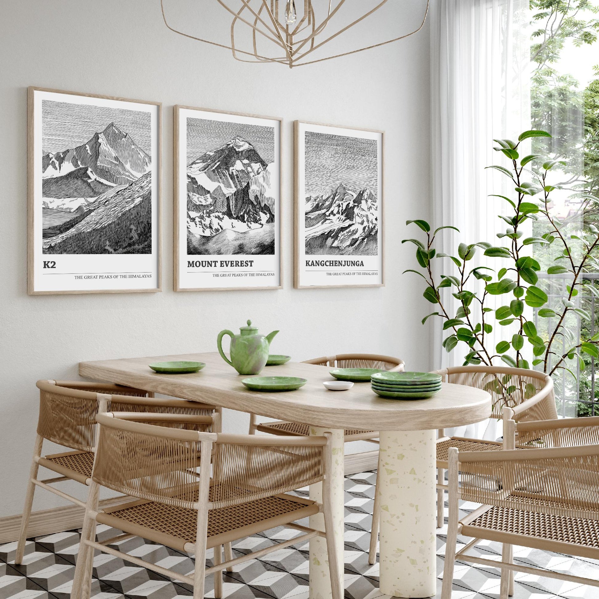Set of Three Himalaya Art Prints - K2, Mount Everest, Kangchenjunga - 3 Mountain Posters Ink Pen Illustration Wall Décor Gift