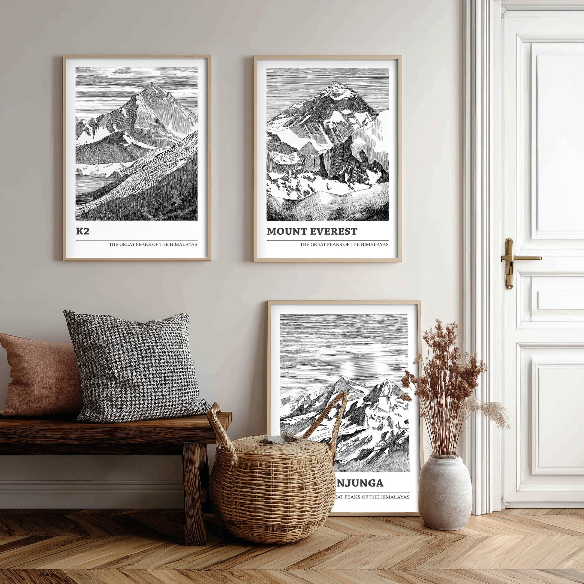 Set of Three Himalaya Art Prints - K2, Mount Everest, Kangchenjunga - 3 Mountain Posters Ink Pen Illustration Wall Décor Gift
