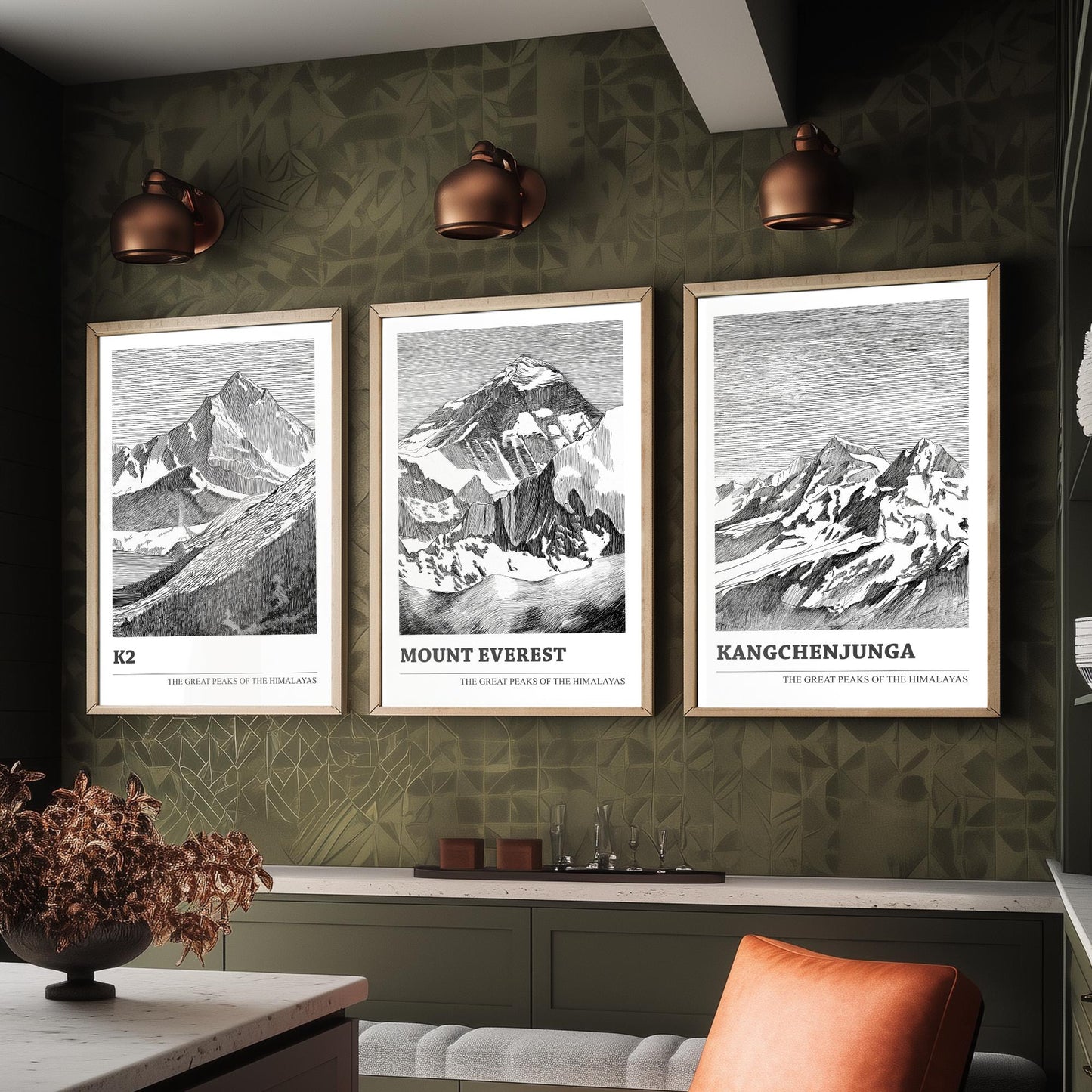 Set of Three Himalaya Art Prints - K2, Mount Everest, Kangchenjunga - 3 Mountain Posters Ink Pen Illustration Wall Décor Gift