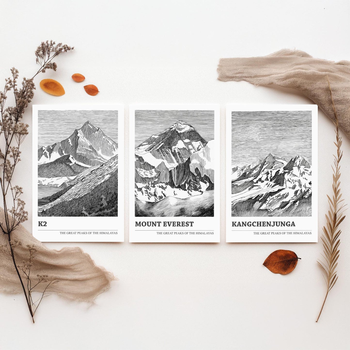 Set of Three Himalaya Art Prints - K2, Mount Everest, Kangchenjunga - 3 Mountain Posters Ink Pen Illustration Wall Décor Gift