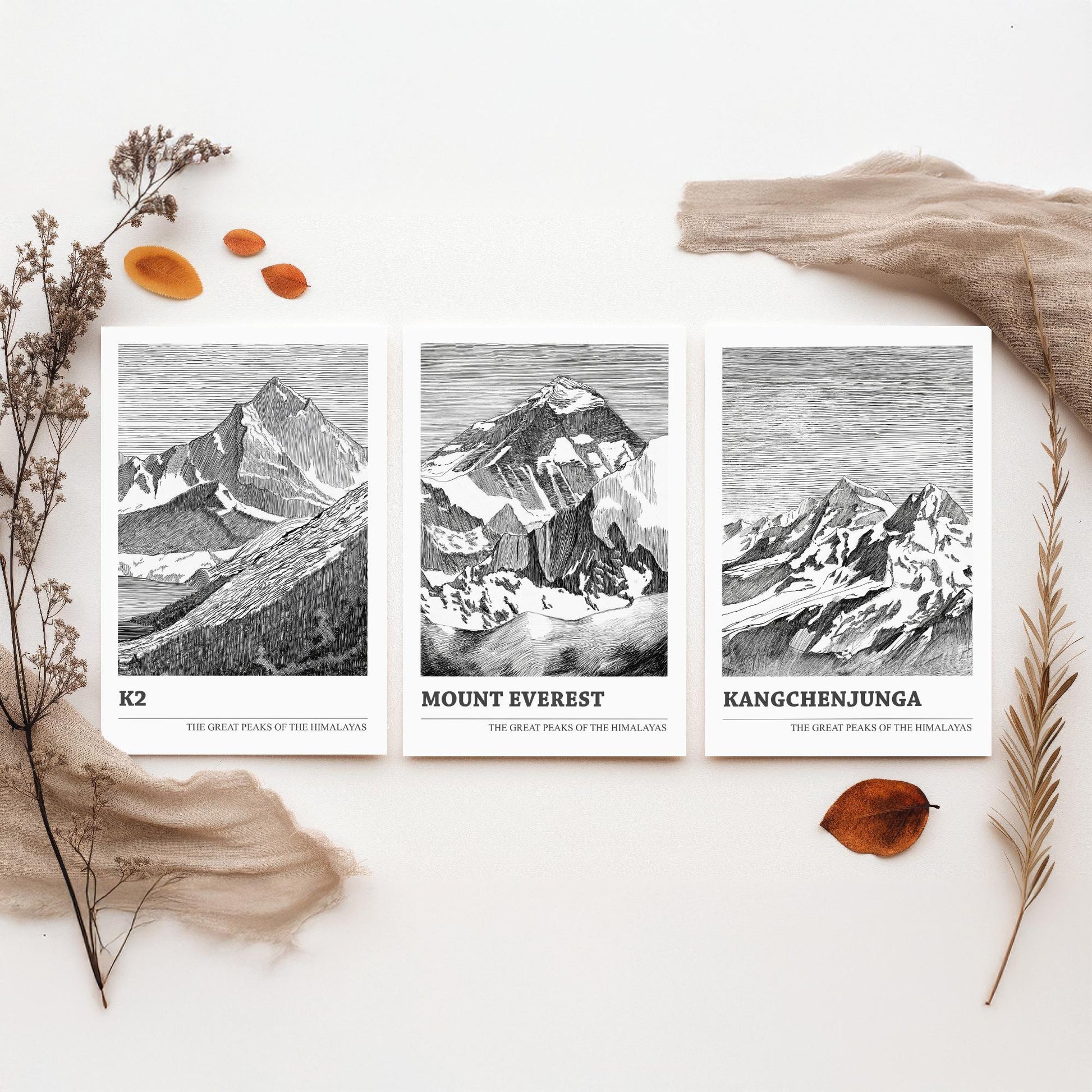 Set of Three Himalaya Art Prints - K2, Mount Everest, Kangchenjunga - 3 Mountain Posters Ink Pen Illustration Wall Décor Gift