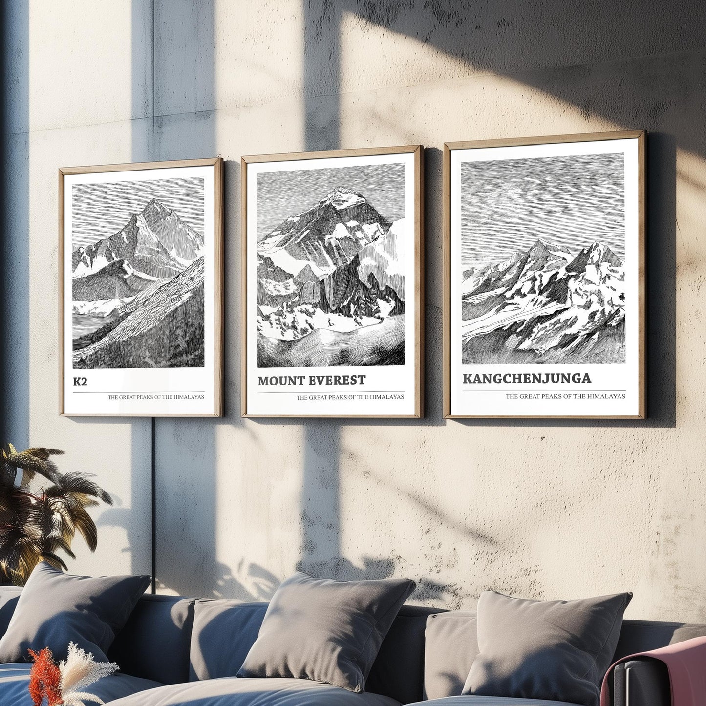 Set of Three Himalaya Art Prints - K2, Mount Everest, Kangchenjunga - 3 Mountain Posters Ink Pen Illustration Wall Décor Gift