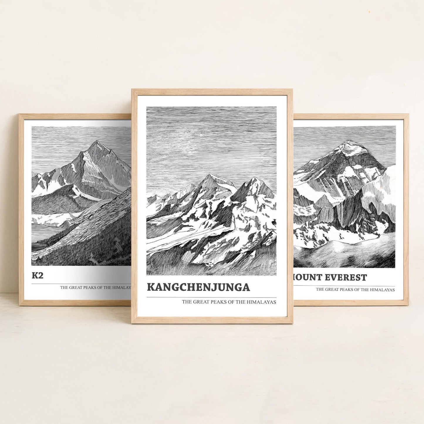 Set of Three Himalaya Art Prints - K2, Mount Everest, Kangchenjunga - 3 Mountain Posters Ink Pen Illustration Wall Décor Gift
