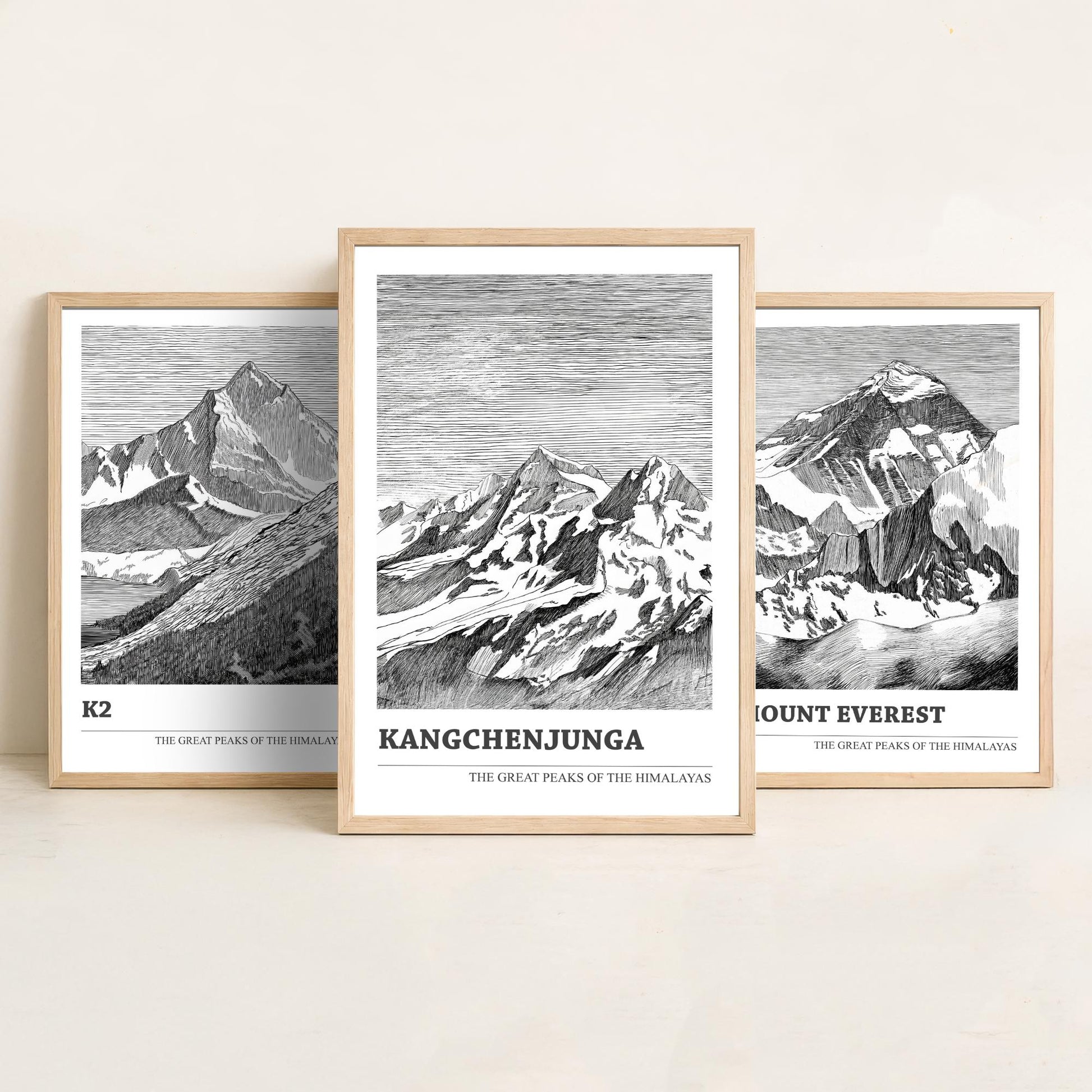 Set of Three Himalaya Art Prints - K2, Mount Everest, Kangchenjunga - 3 Mountain Posters Ink Pen Illustration Wall Décor Gift