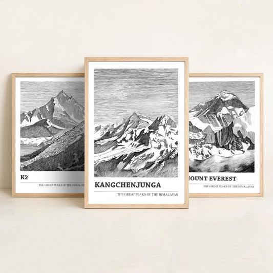 Set of Three Himalaya Art Prints - K2, Mount Everest, Kangchenjunga - 3 Mountain Posters Ink Pen Illustration Wall Décor Gift