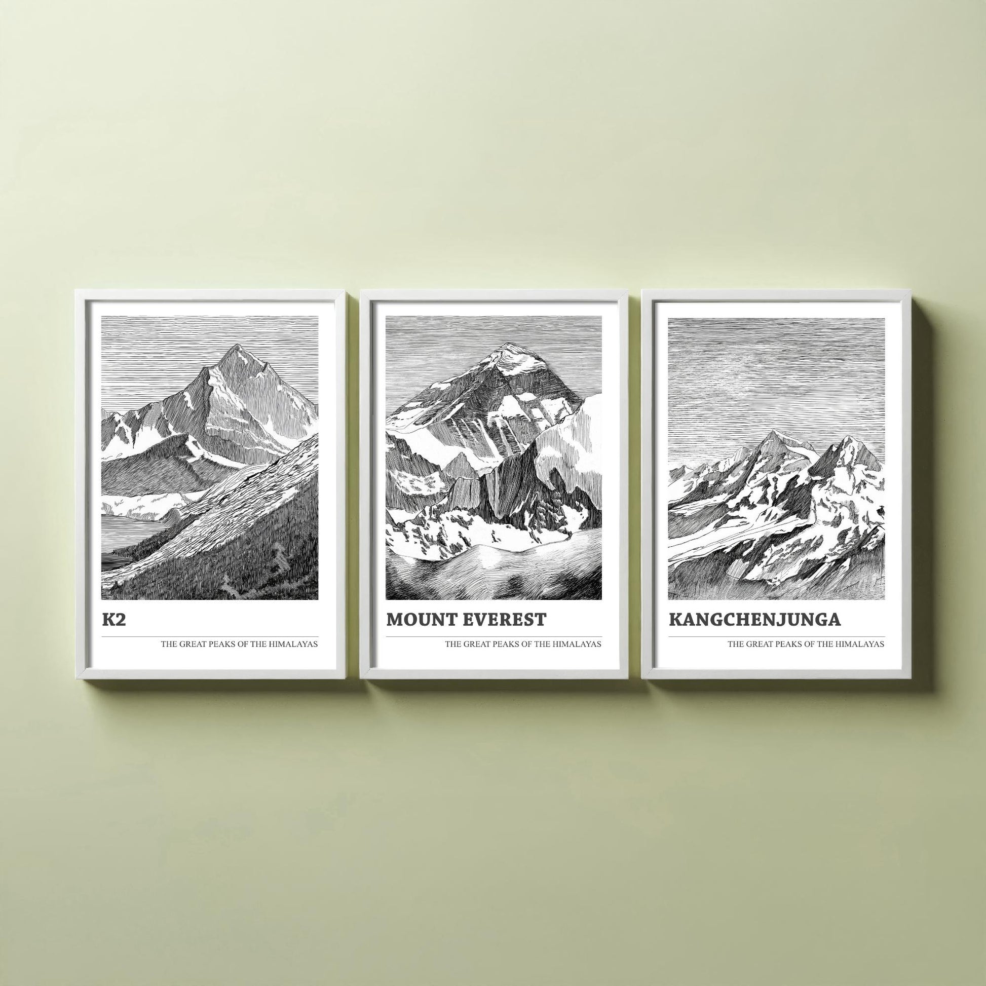 Set of Three Himalaya Art Prints - K2, Mount Everest, Kangchenjunga - 3 Mountain Posters Ink Pen Illustration Wall Décor Gift