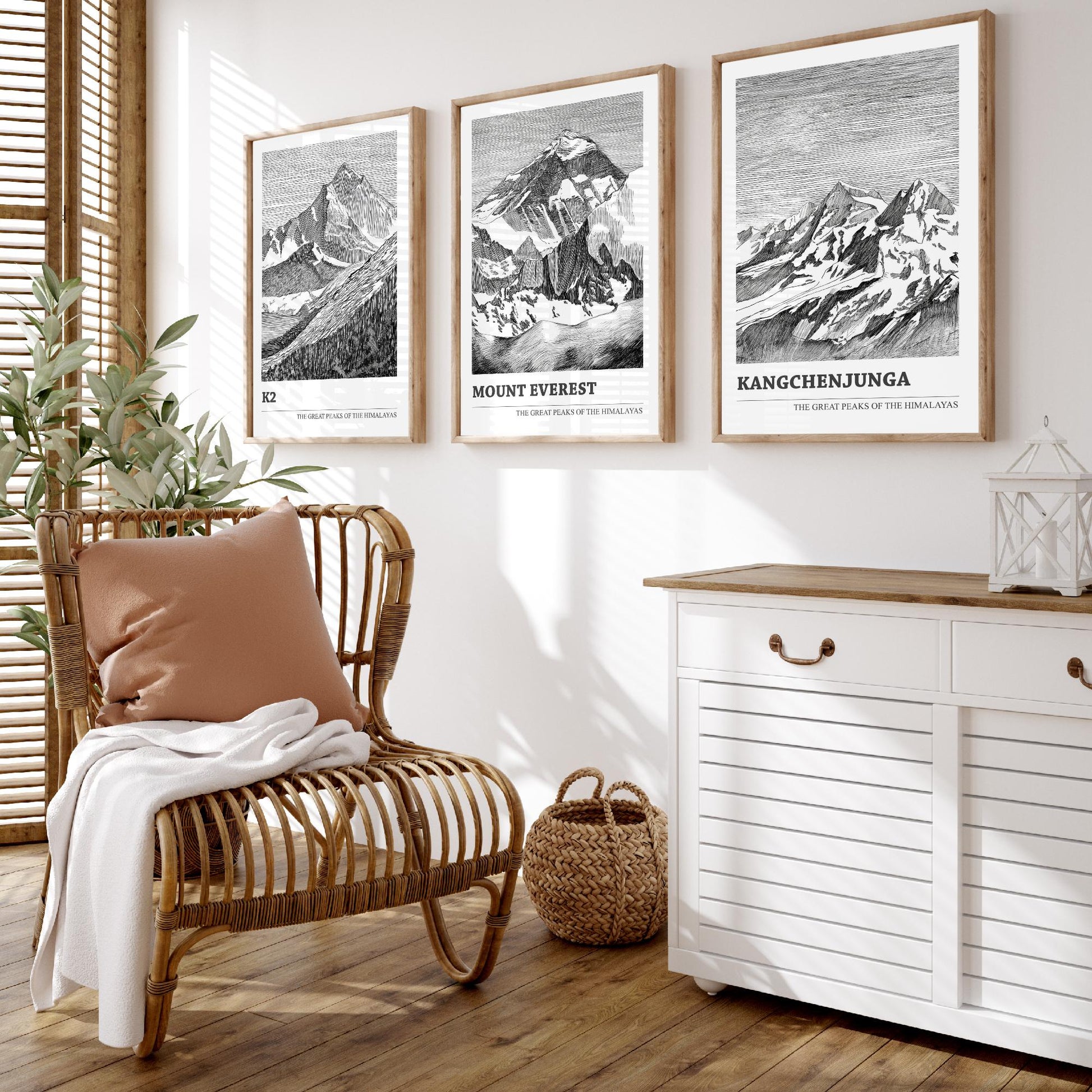 Set of Three Himalaya Art Prints - K2, Mount Everest, Kangchenjunga - 3 Mountain Posters Ink Pen Illustration Wall Décor Gift