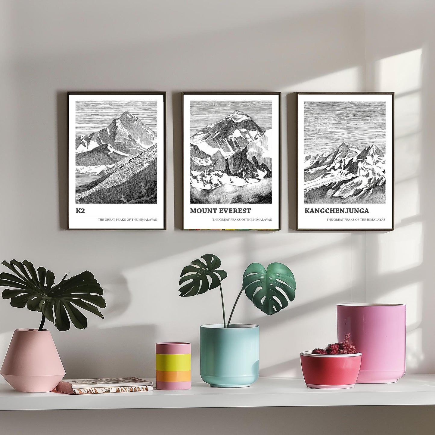 Set of Three Himalaya Art Prints - K2, Mount Everest, Kangchenjunga - 3 Mountain Posters Ink Pen Illustration Wall Décor Gift