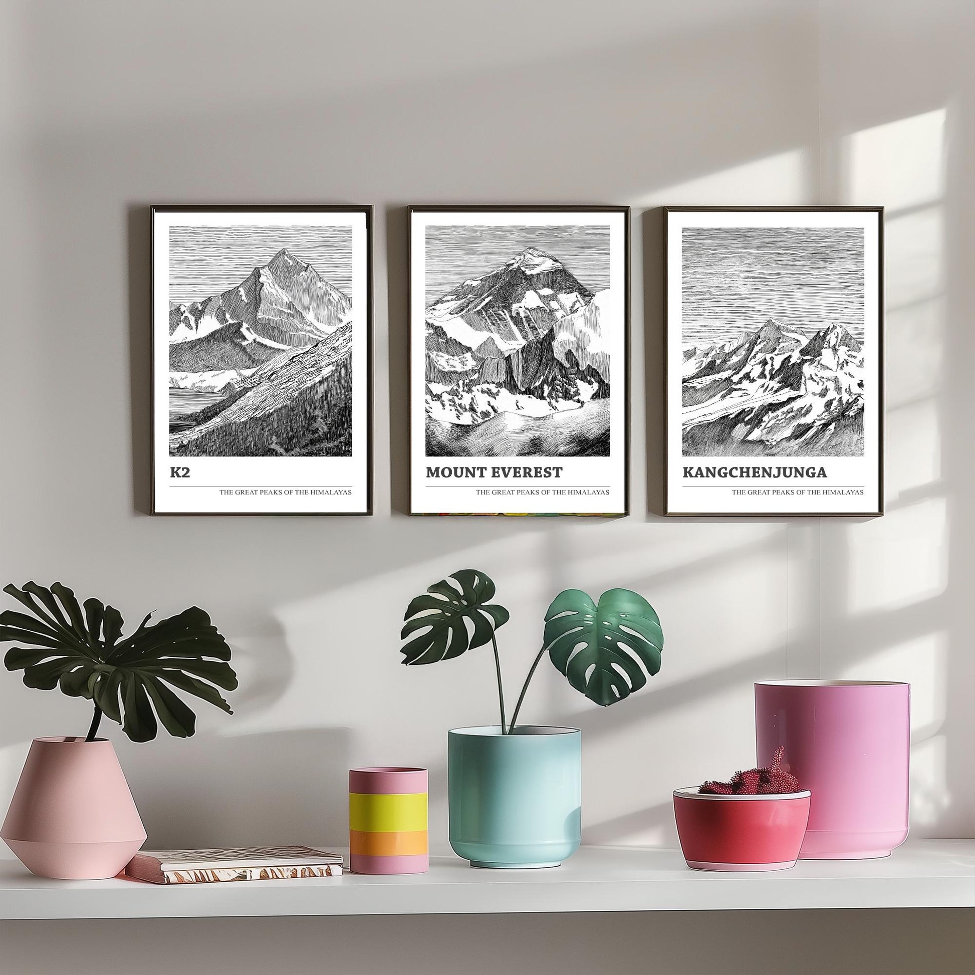 Set of Three Himalaya Art Prints - K2, Mount Everest, Kangchenjunga - 3 Mountain Posters Ink Pen Illustration Wall Décor Gift