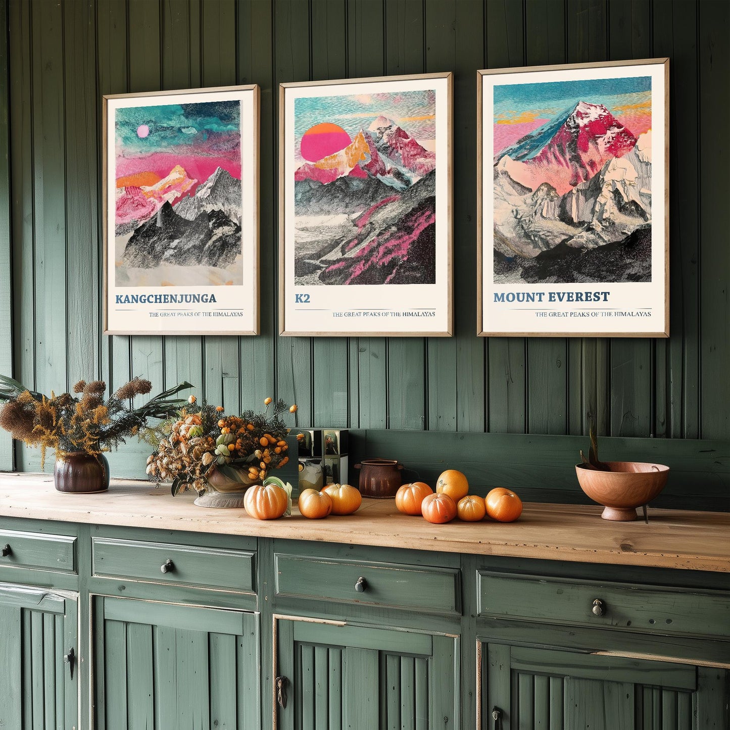 The Great Mountain Peaks, Set of Three Posters - Kangchenjunga, K2, Mount Everest Art Prints - 3 Tallest Peaks Painting Illustration Gift