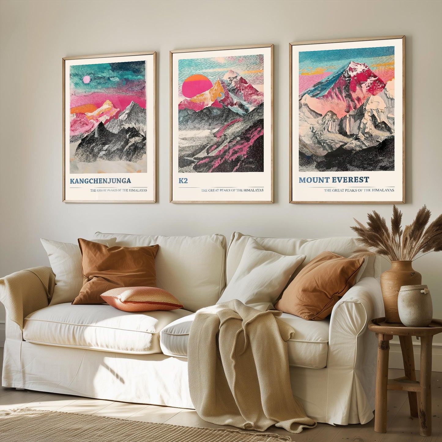 The Great Mountain Peaks, Set of Three Posters - Kangchenjunga, K2, Mount Everest Art Prints - 3 Tallest Peaks Painting Illustration Gift