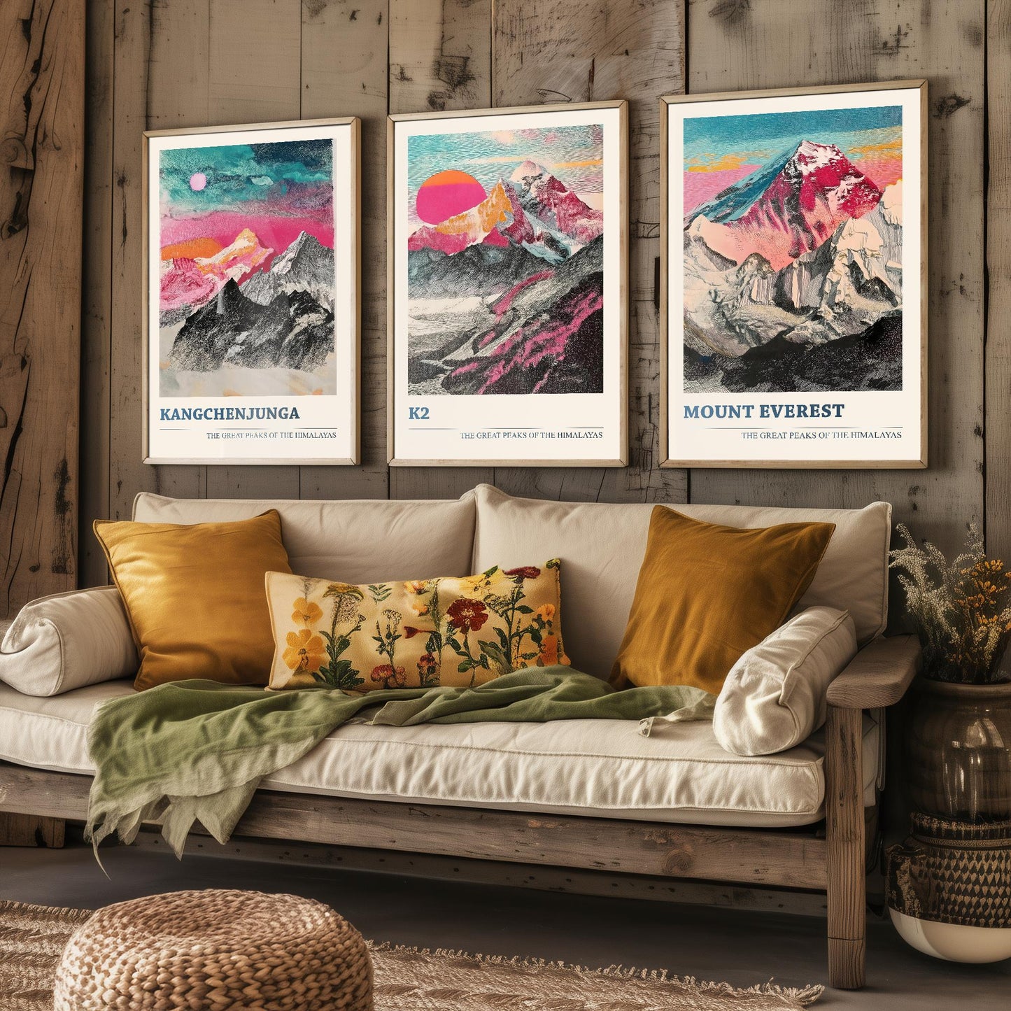 The Great Mountain Peaks, Set of Three Posters - Kangchenjunga, K2, Mount Everest Art Prints - 3 Tallest Peaks Painting Illustration Gift