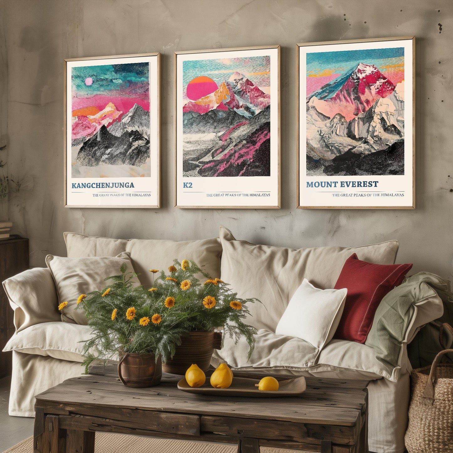 The Great Mountain Peaks, Set of Three Posters - Kangchenjunga, K2, Mount Everest Art Prints - 3 Tallest Peaks Painting Illustration Gift