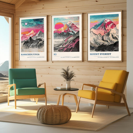 The Great Mountain Peaks, Set of Three Posters - Kangchenjunga, K2, Mount Everest Art Prints - 3 Tallest Peaks Painting Illustration Gift