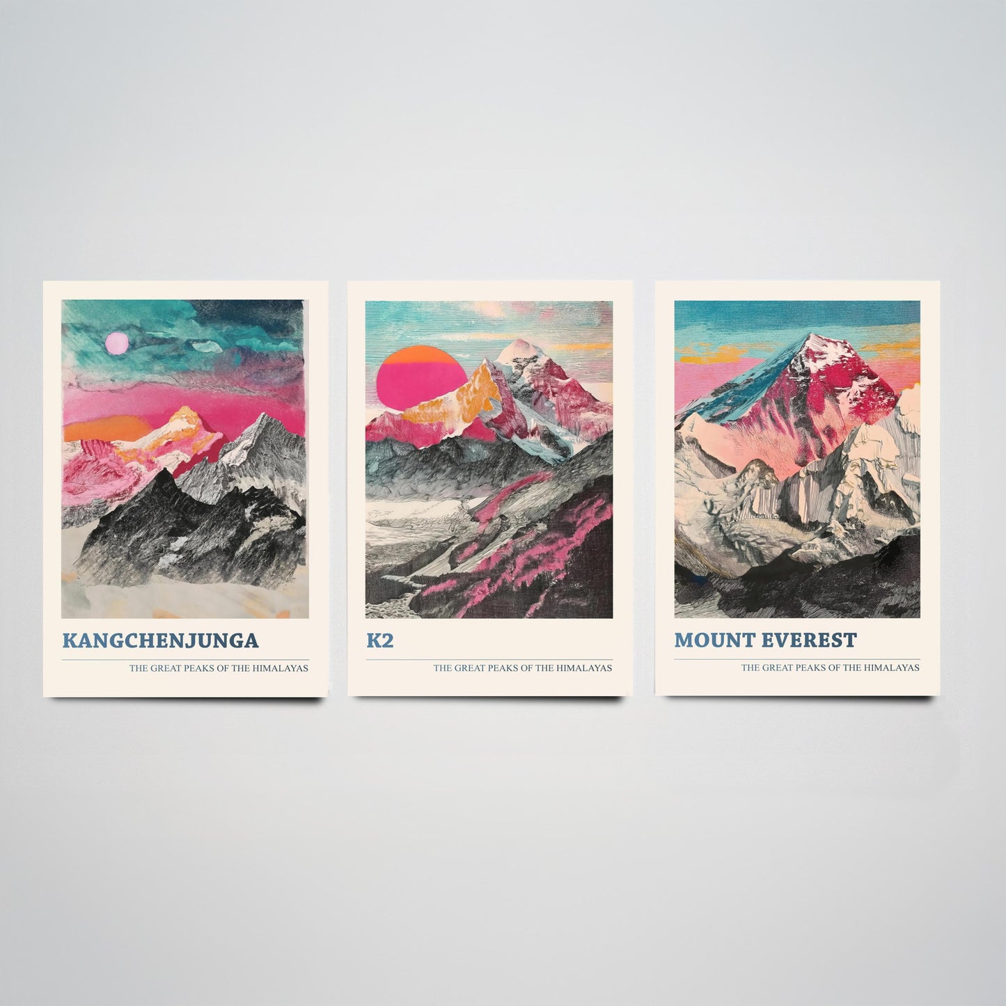 Set of Three Himalaya Art Prints - Kangchenjunga, K2, Mount Everest - 3 Pink Pen Mountain Posters Illustration Wall Décor Gift