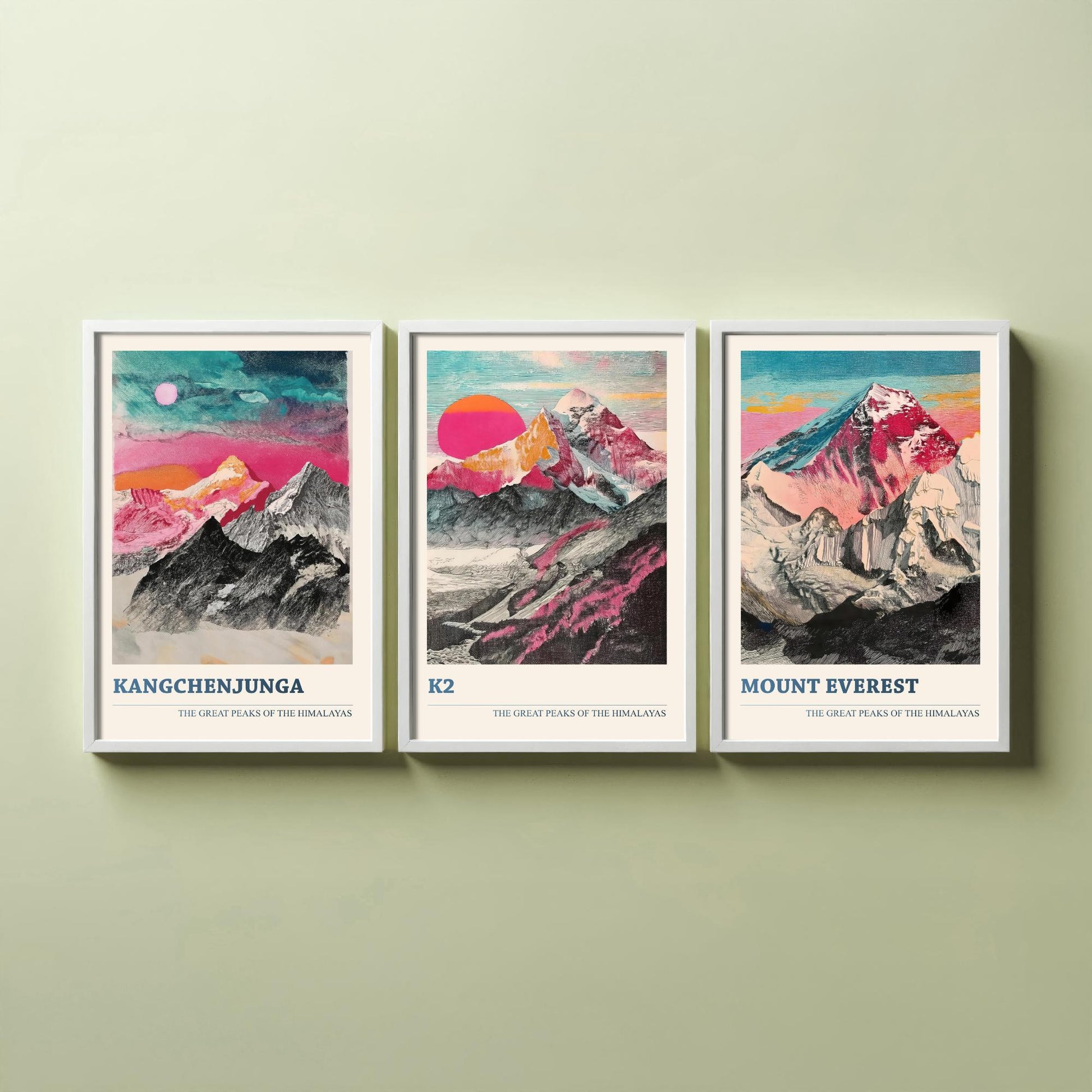 Set of Three Himalaya Art Prints - Kangchenjunga, K2, Mount Everest - 3 Pink Pen Mountain Posters Illustration Wall Décor Gift