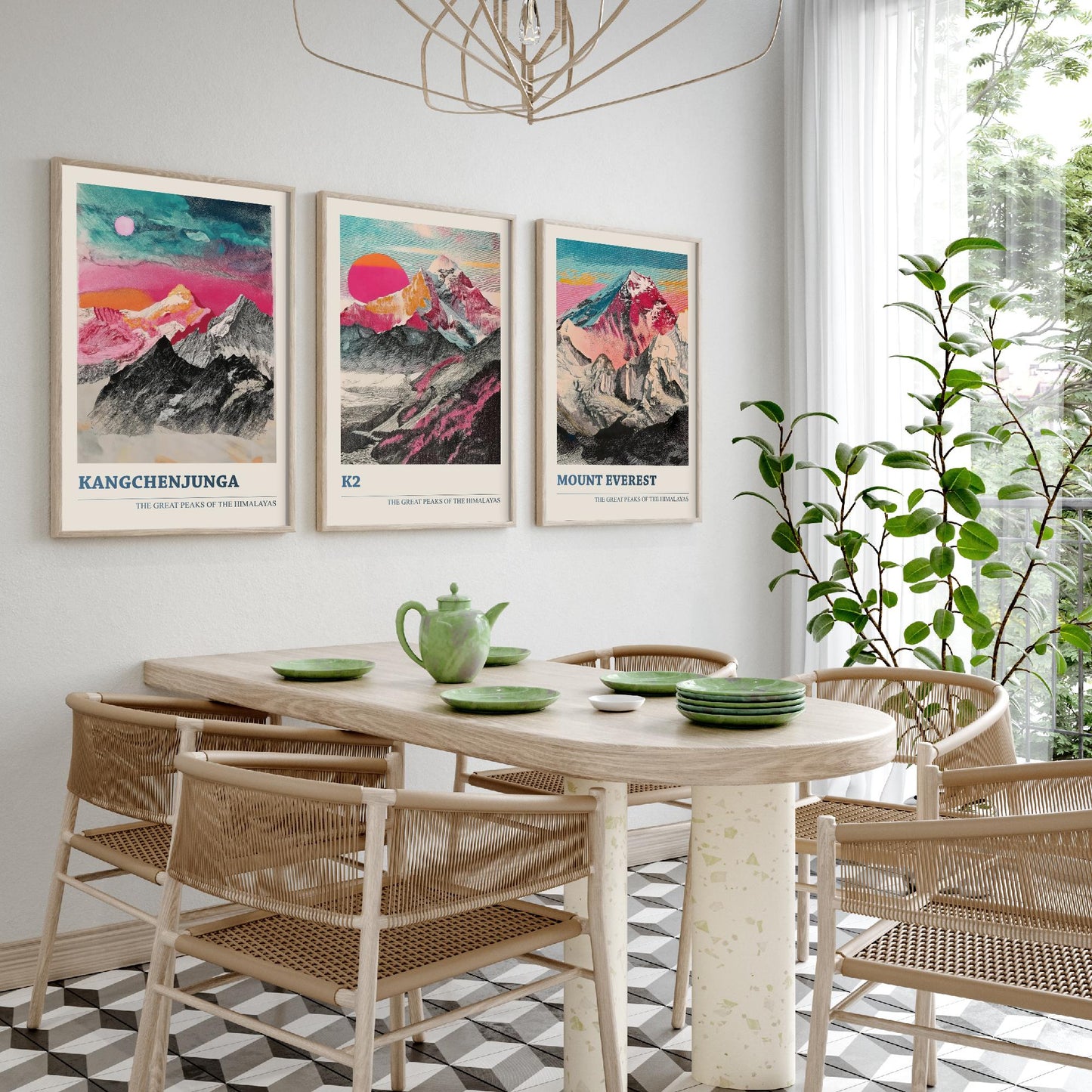 Set of Three Himalaya Art Prints - Kangchenjunga, K2, Mount Everest - 3 Pink Pen Mountain Posters Illustration Wall Décor Gift