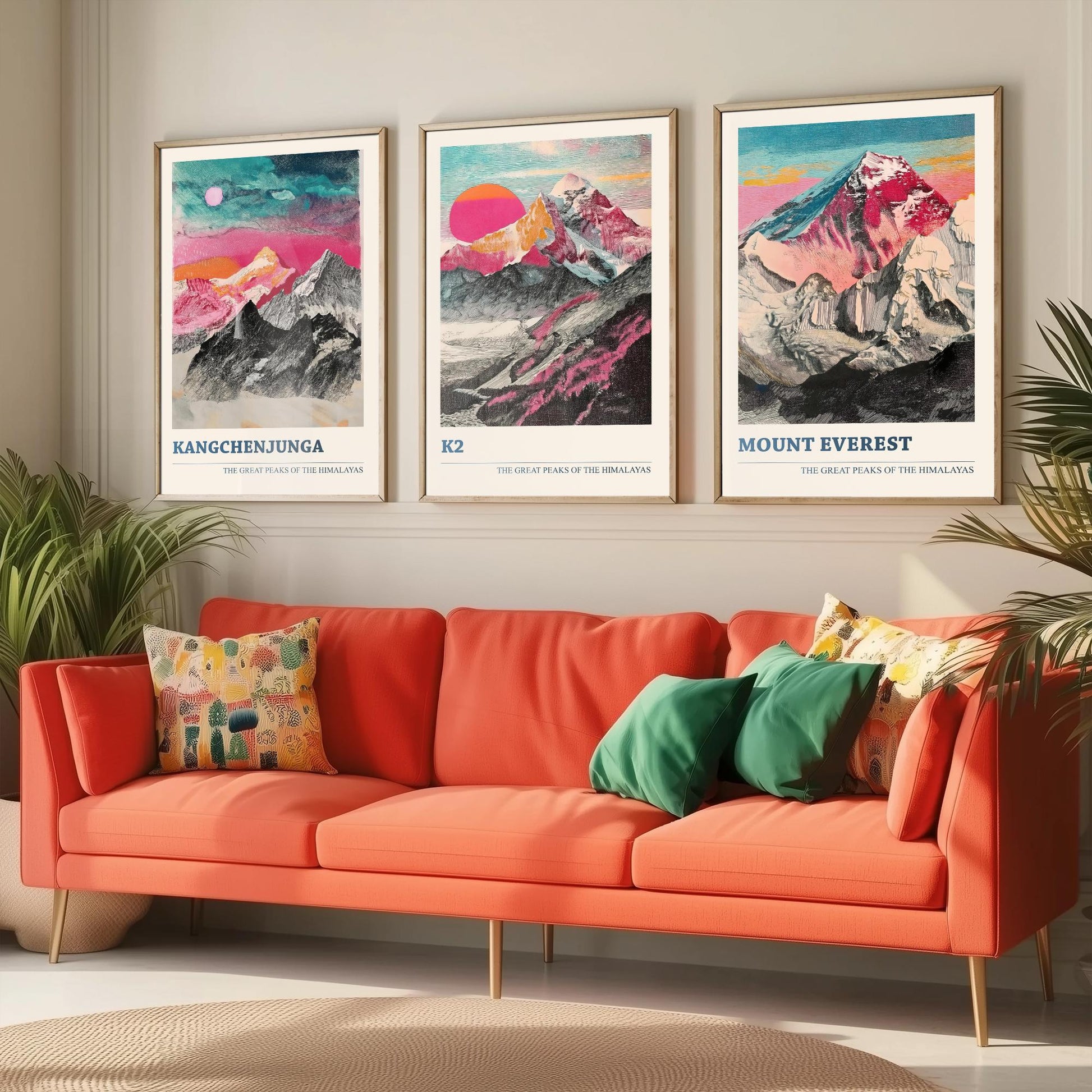 Set of Three Himalaya Art Prints - Kangchenjunga, K2, Mount Everest - 3 Pink Pen Mountain Posters Illustration Wall Décor Gift