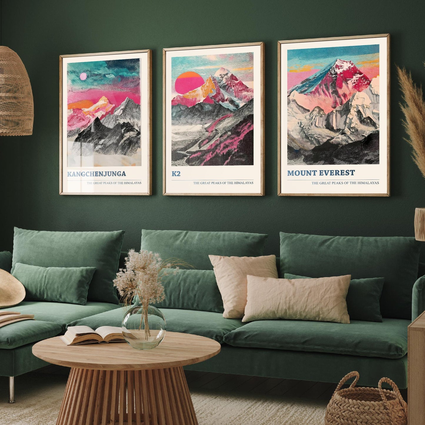 Set of Three Himalaya Art Prints - Kangchenjunga, K2, Mount Everest - 3 Pink Pen Mountain Posters Illustration Wall Décor Gift