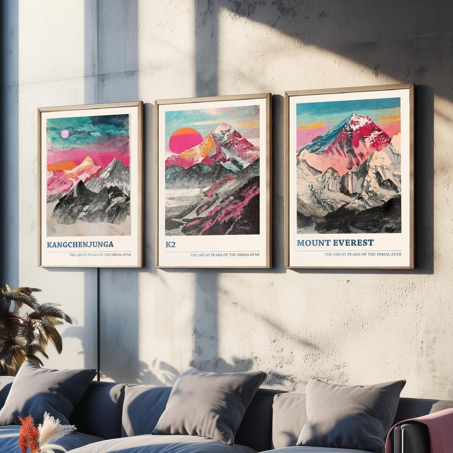 Set of Three Himalaya Art Prints - Kangchenjunga, K2, Mount Everest - 3 Pink Pen Mountain Posters Illustration Wall Décor Gift