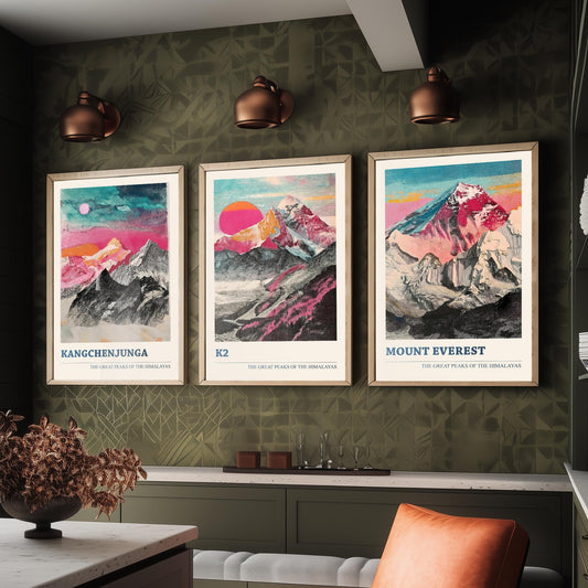Set of Three Himalaya Art Prints - Kangchenjunga, K2, Mount Everest - 3 Pink Pen Mountain Posters Illustration Wall Décor Gift