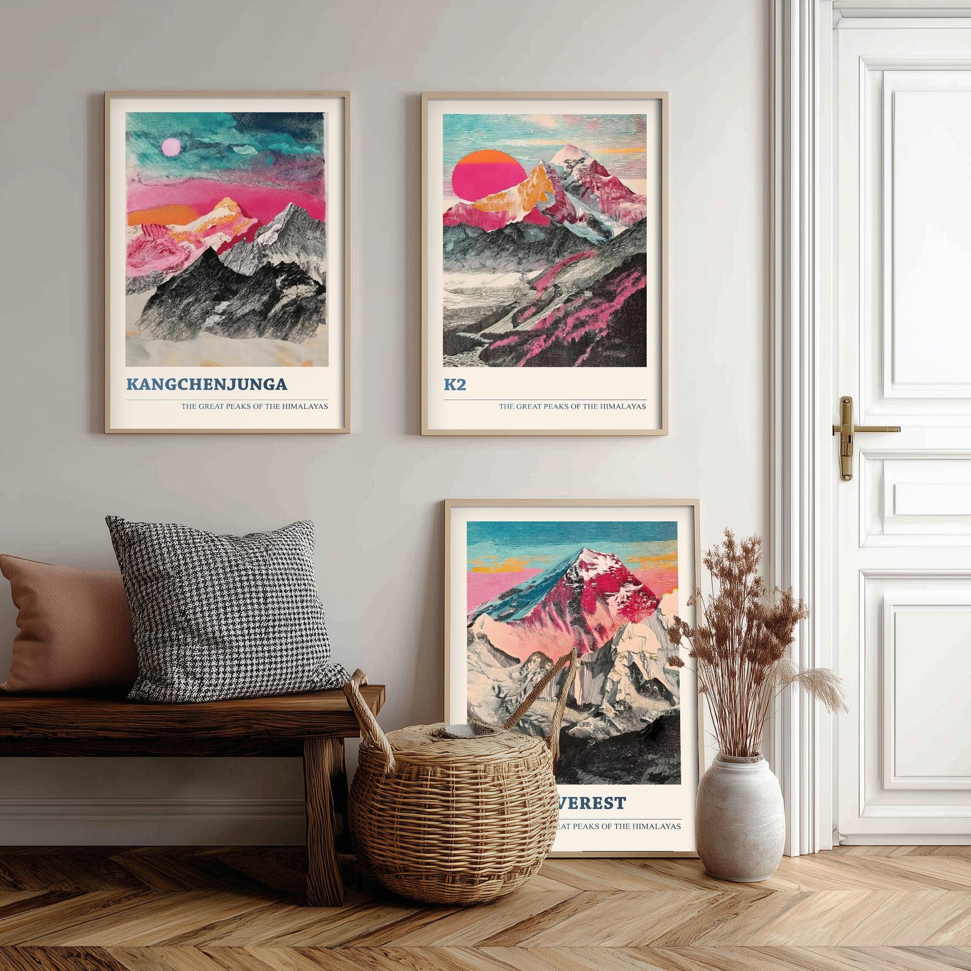 Set of Three Himalaya Art Prints - Kangchenjunga, K2, Mount Everest - 3 Pink Pen Mountain Posters Illustration Wall Décor Gift