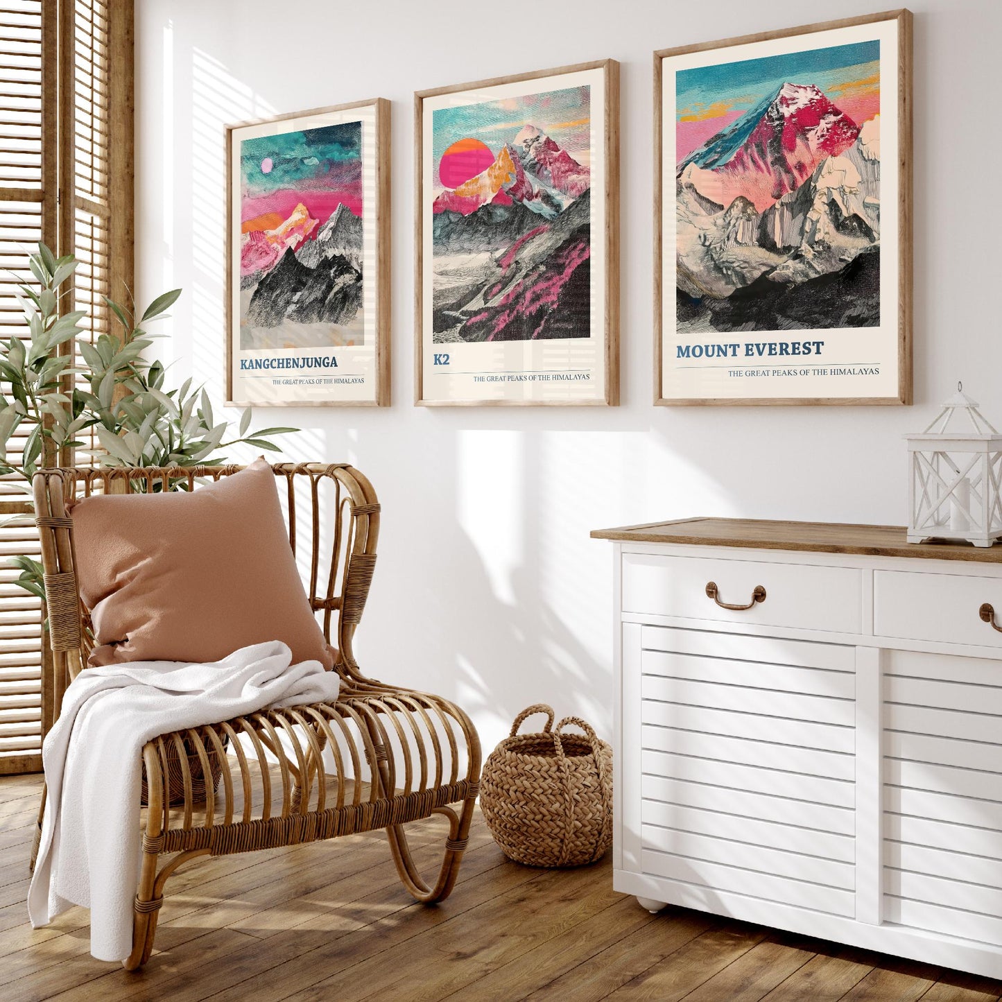 Set of Three Himalaya Art Prints - Kangchenjunga, K2, Mount Everest - 3 Pink Pen Mountain Posters Illustration Wall Décor Gift