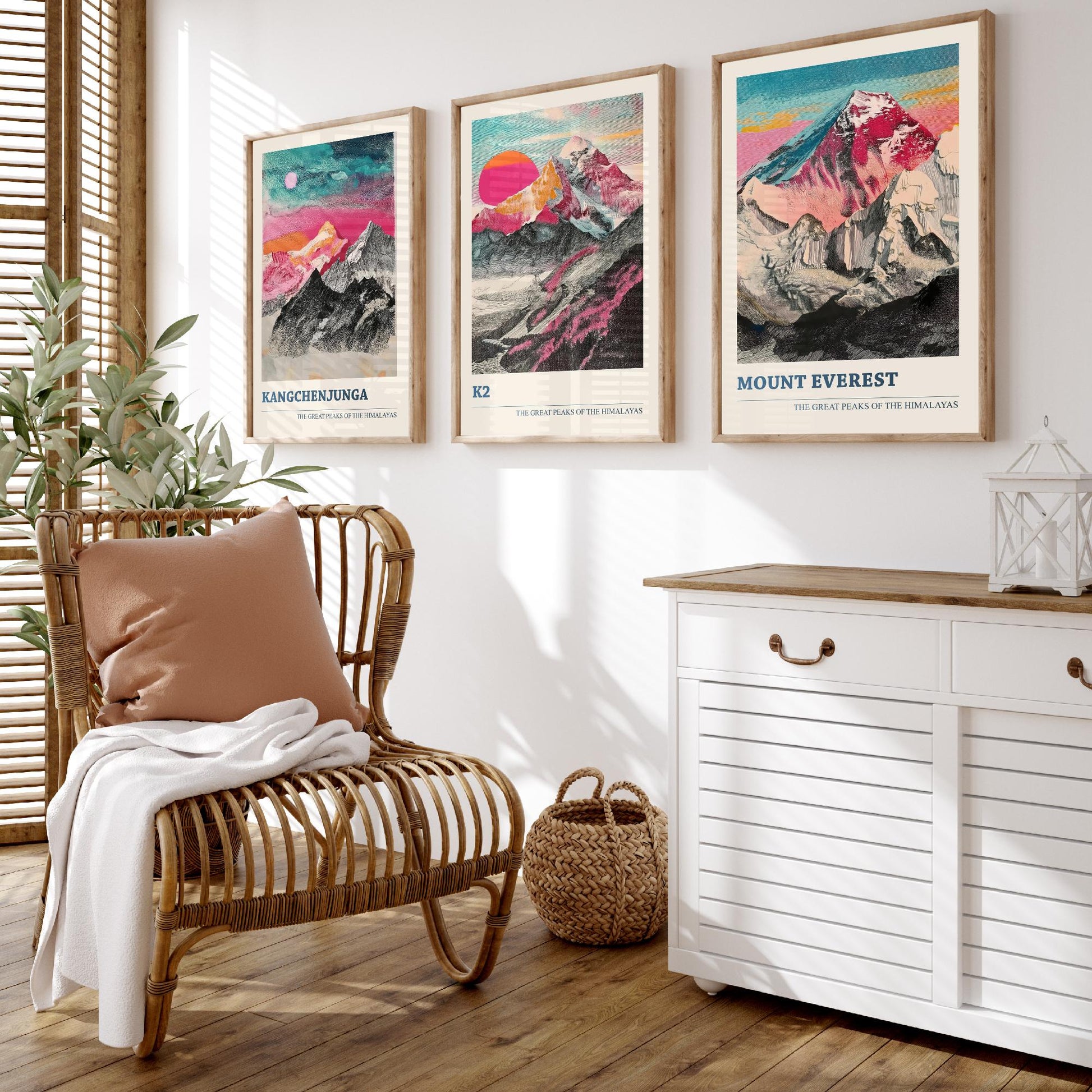 Set of Three Himalaya Art Prints - Kangchenjunga, K2, Mount Everest - 3 Pink Pen Mountain Posters Illustration Wall Décor Gift