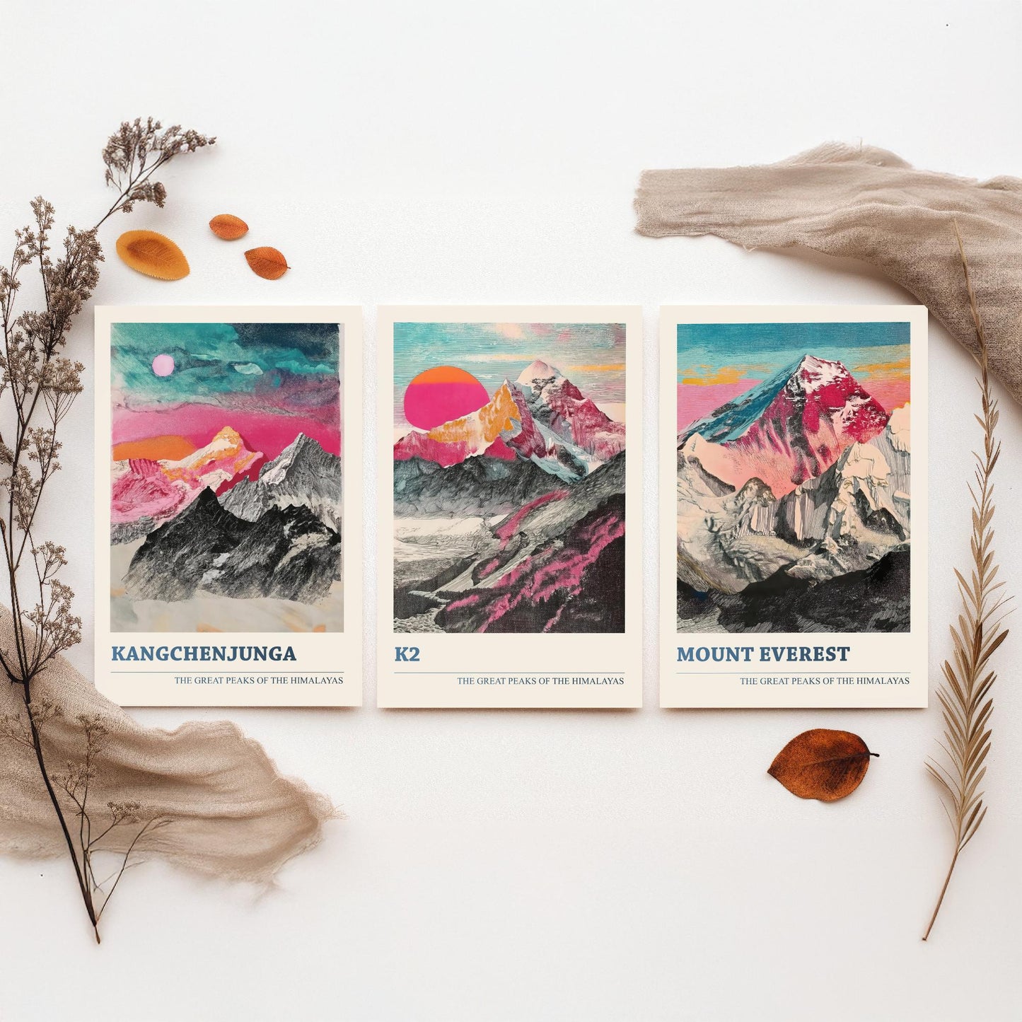 Set of Three Himalaya Art Prints - Kangchenjunga, K2, Mount Everest - 3 Pink Pen Mountain Posters Illustration Wall Décor Gift