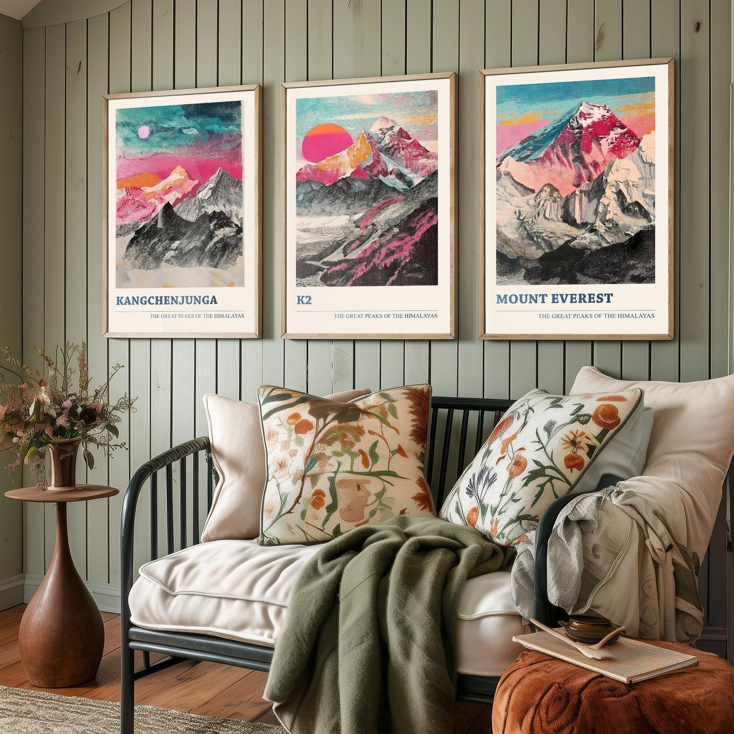 Set of Three Himalaya Art Prints - Kangchenjunga, K2, Mount Everest - 3 Pink Pen Mountain Posters Illustration Wall Décor Gift