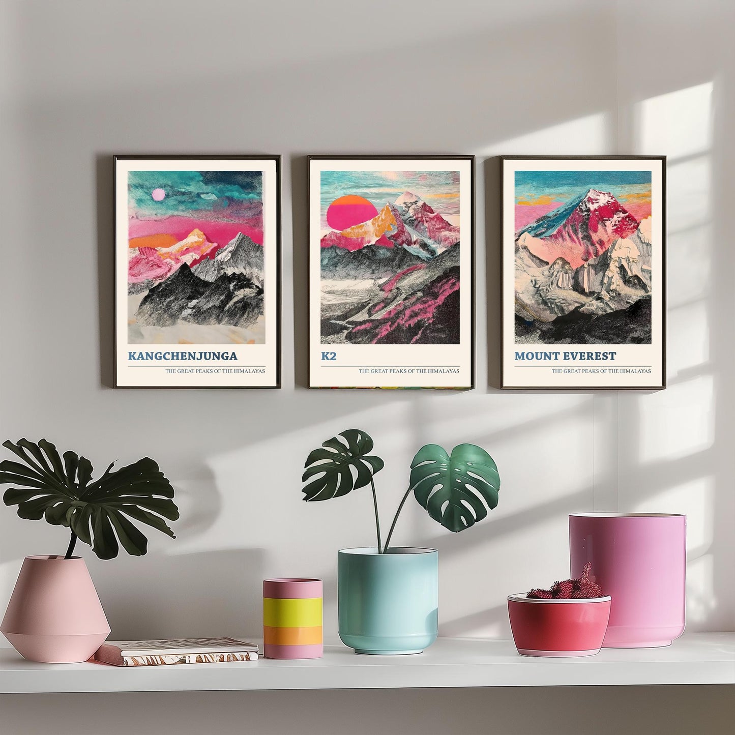 Set of Three Himalaya Art Prints - Kangchenjunga, K2, Mount Everest - 3 Pink Pen Mountain Posters Illustration Wall Décor Gift