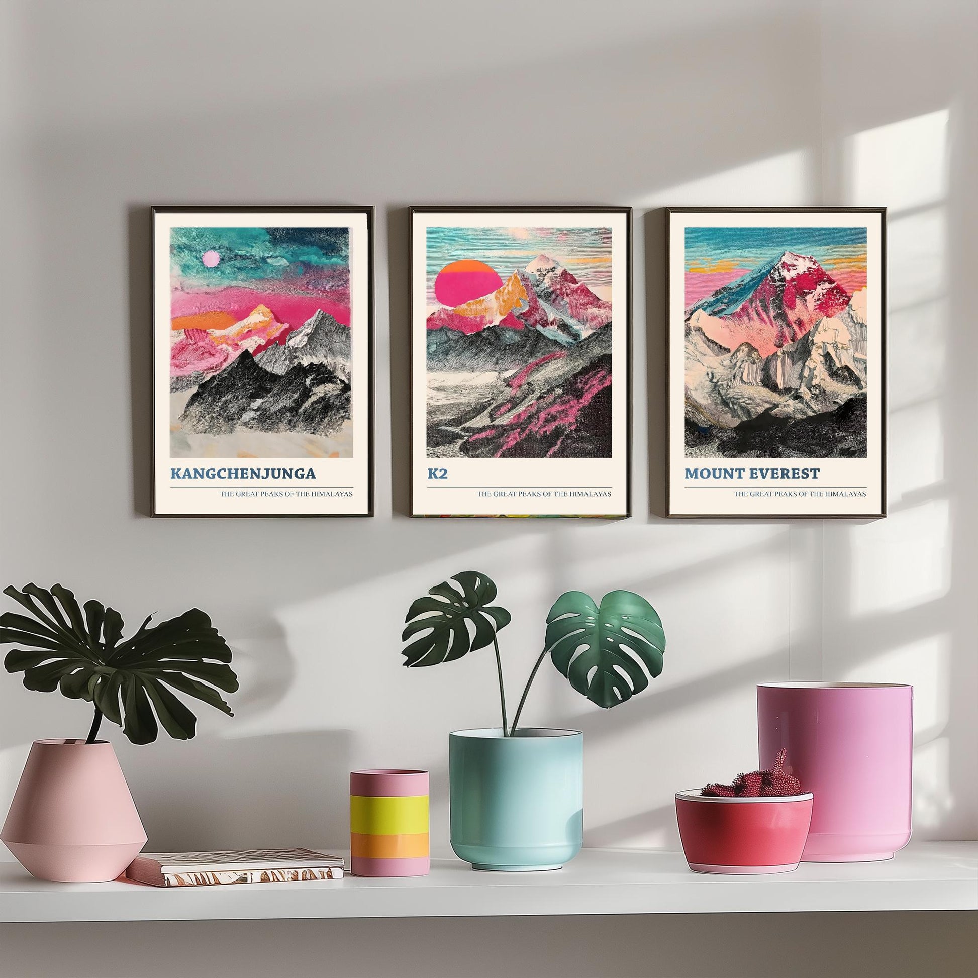 Set of Three Himalaya Art Prints - Kangchenjunga, K2, Mount Everest - 3 Pink Pen Mountain Posters Illustration Wall Décor Gift