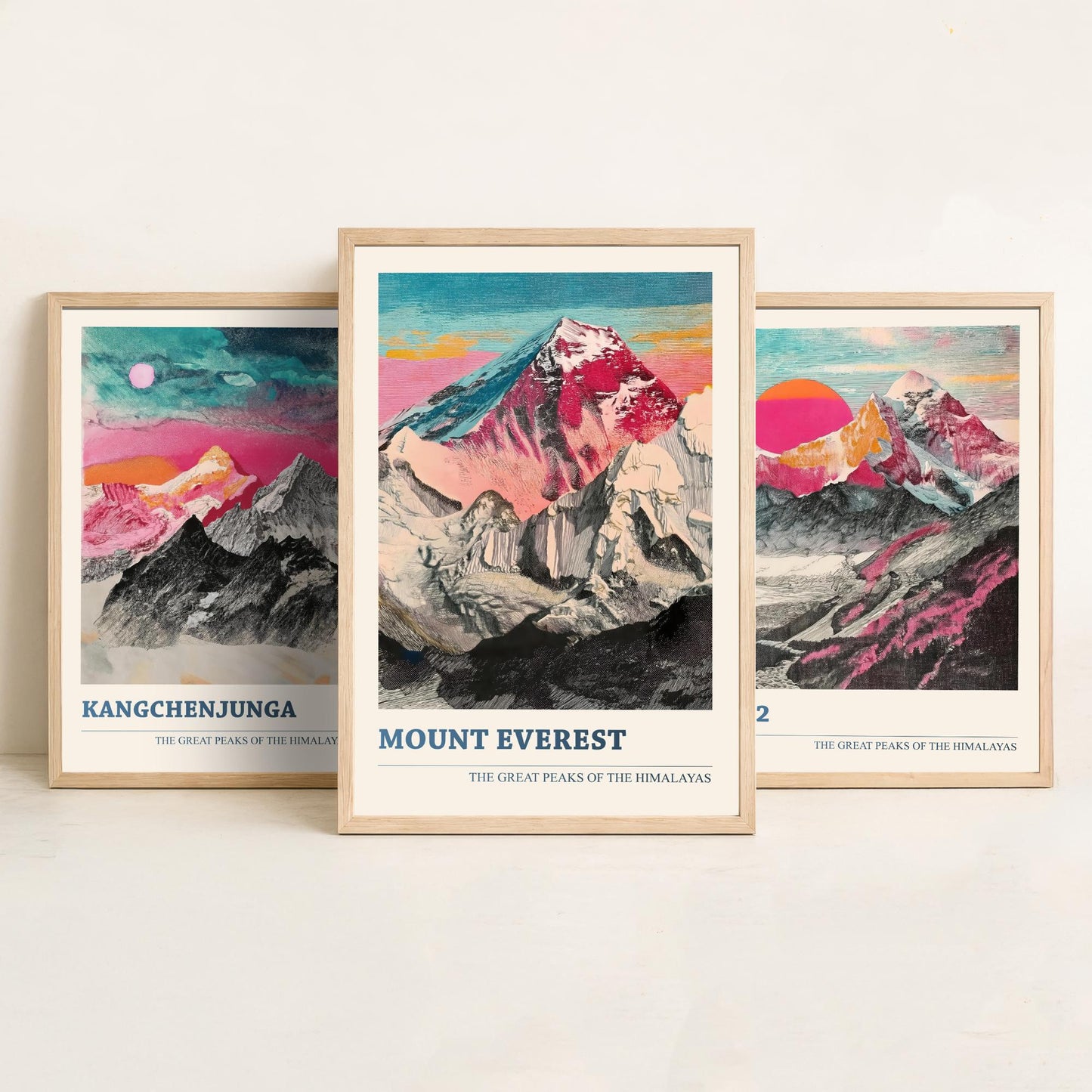Set of Three Himalaya Art Prints - Kangchenjunga, K2, Mount Everest - 3 Pink Pen Mountain Posters Illustration Wall Décor Gift