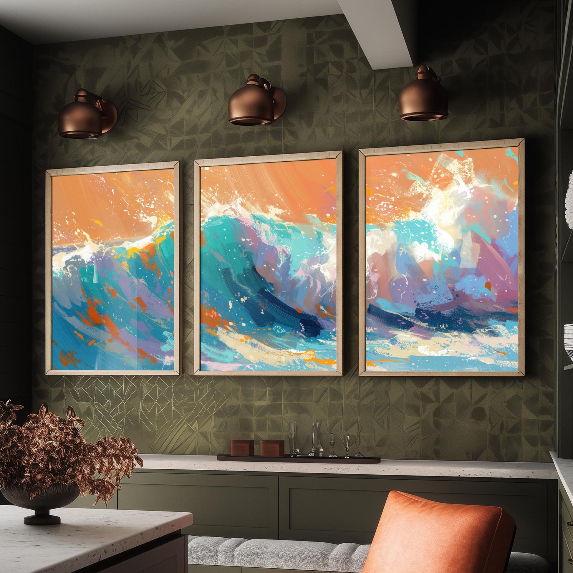 Set of Three Great Wave Art Prints - Japanese Ocean Triptych - 3 Nautical Posters Hokusai Style Illustration Wall Décor